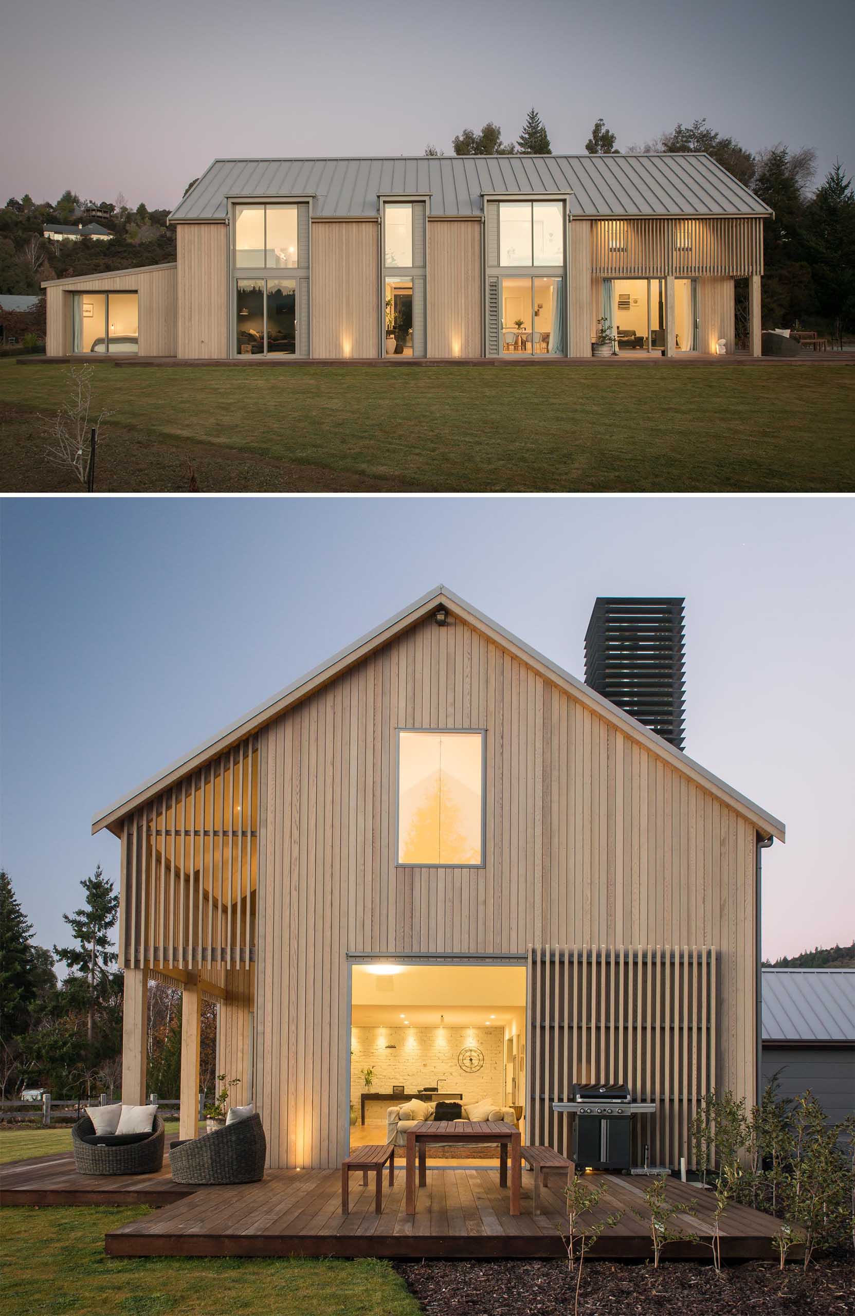 A contemporary barn-inspired home that has an exterior of pale timber tones, a sloped metal roof, and a shiplap ceiling.