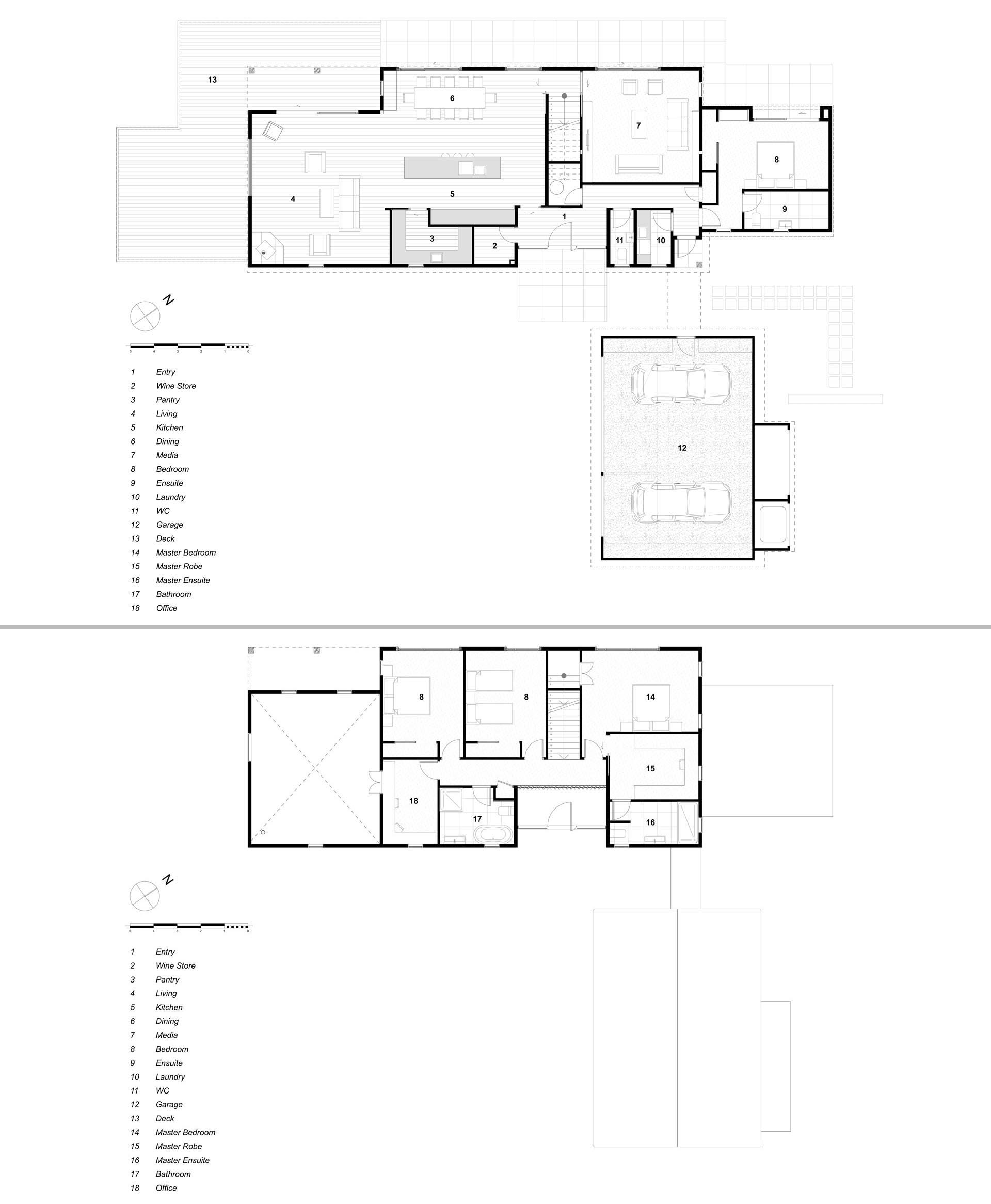 The floor plan of a contemporary barn-inspired home that has an exterior of pale timber tones, a sloped metal roof, and a shiplap ceiling.