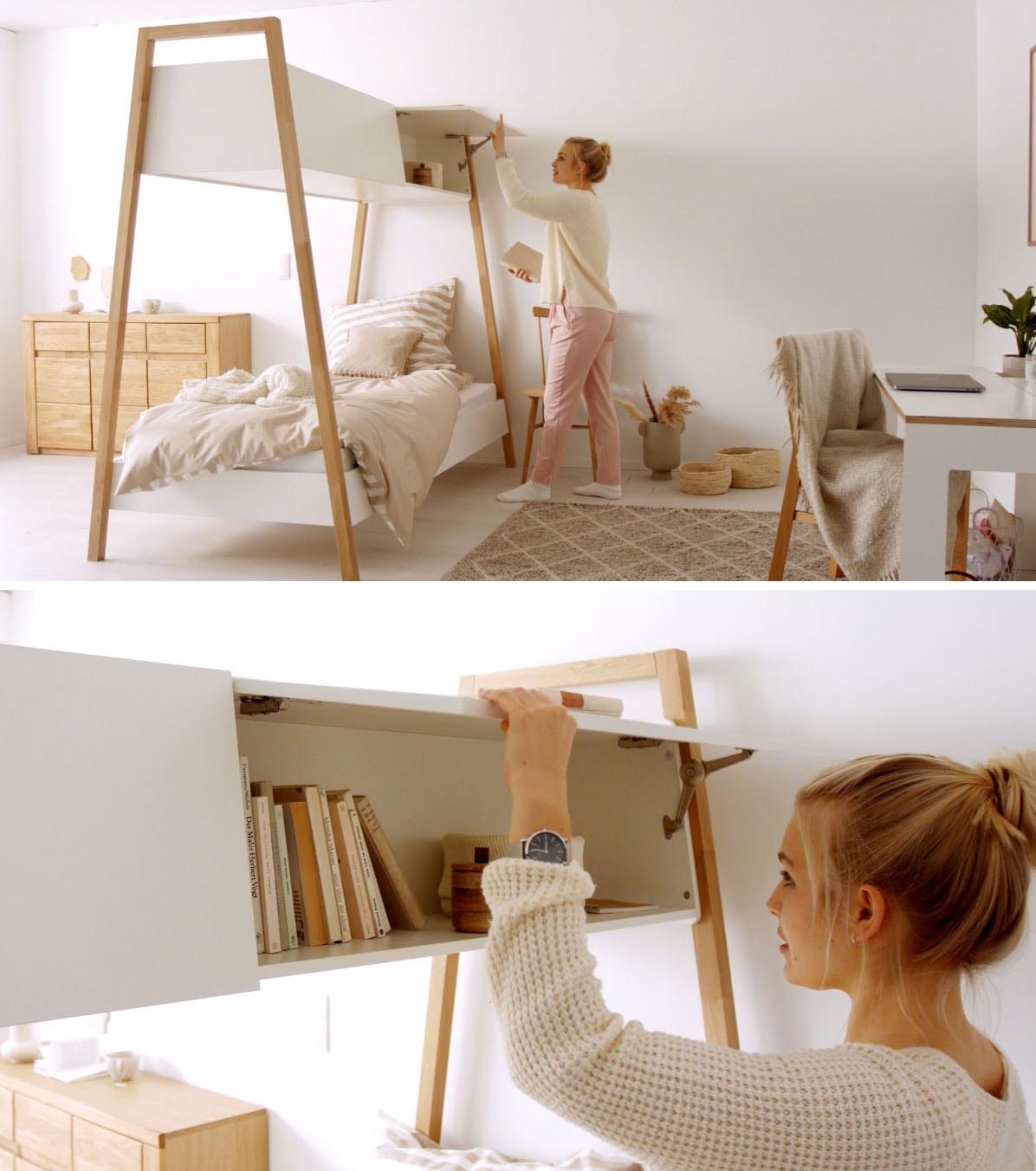 A modern bed design with Nordic influence, includes added storage cabinets above.