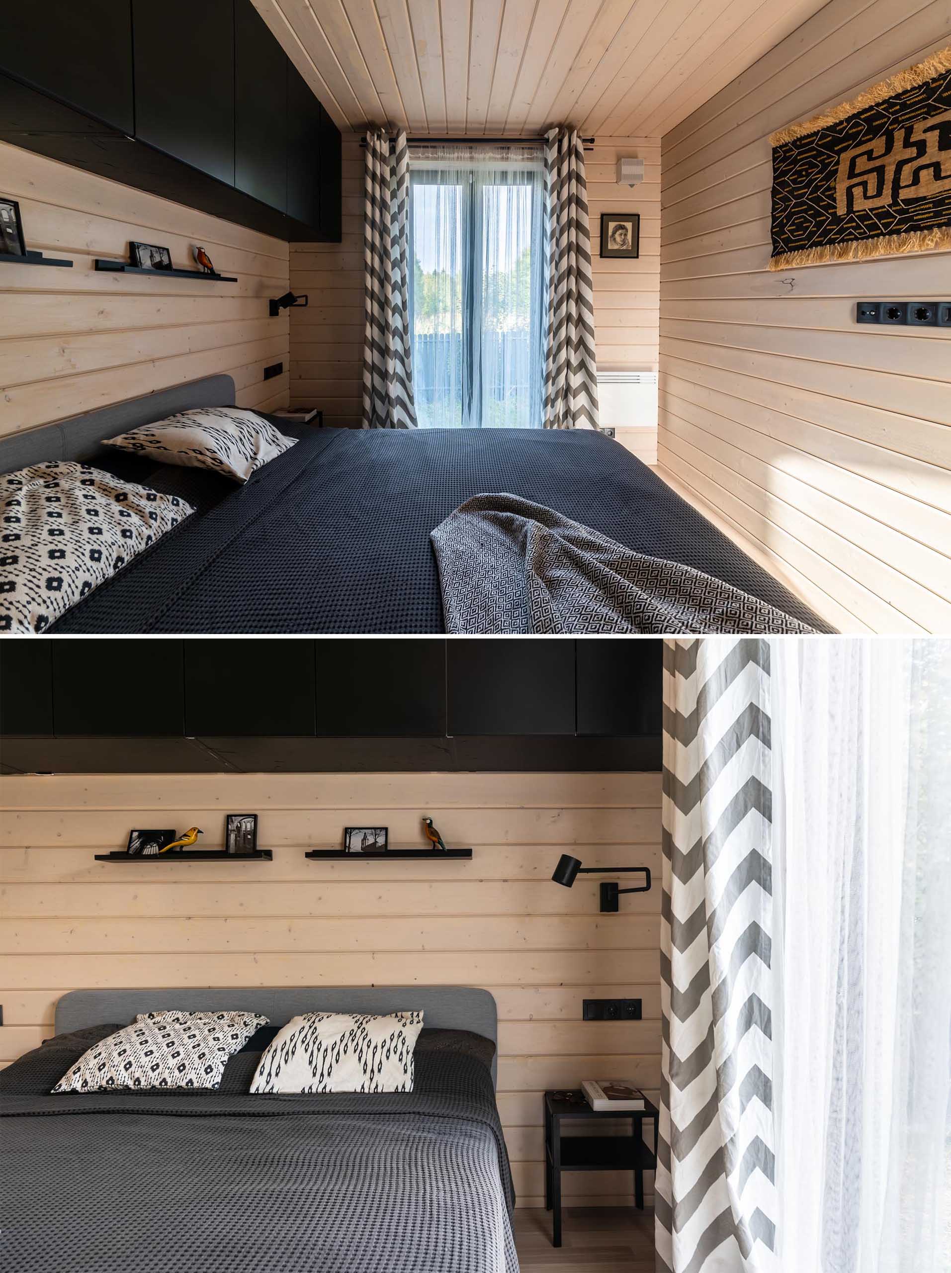 A modern barn-inspired bedroom with tongue and groove wood siding and black accents.