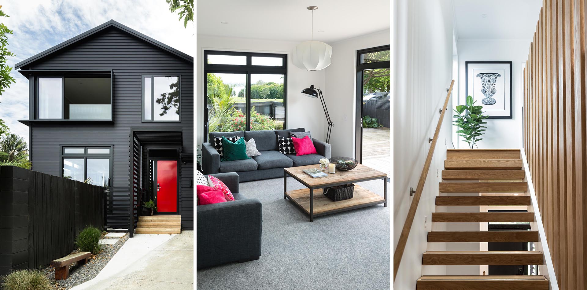 A modern house with a black exterior, bold red front door, and a bright interior with oak staircase.