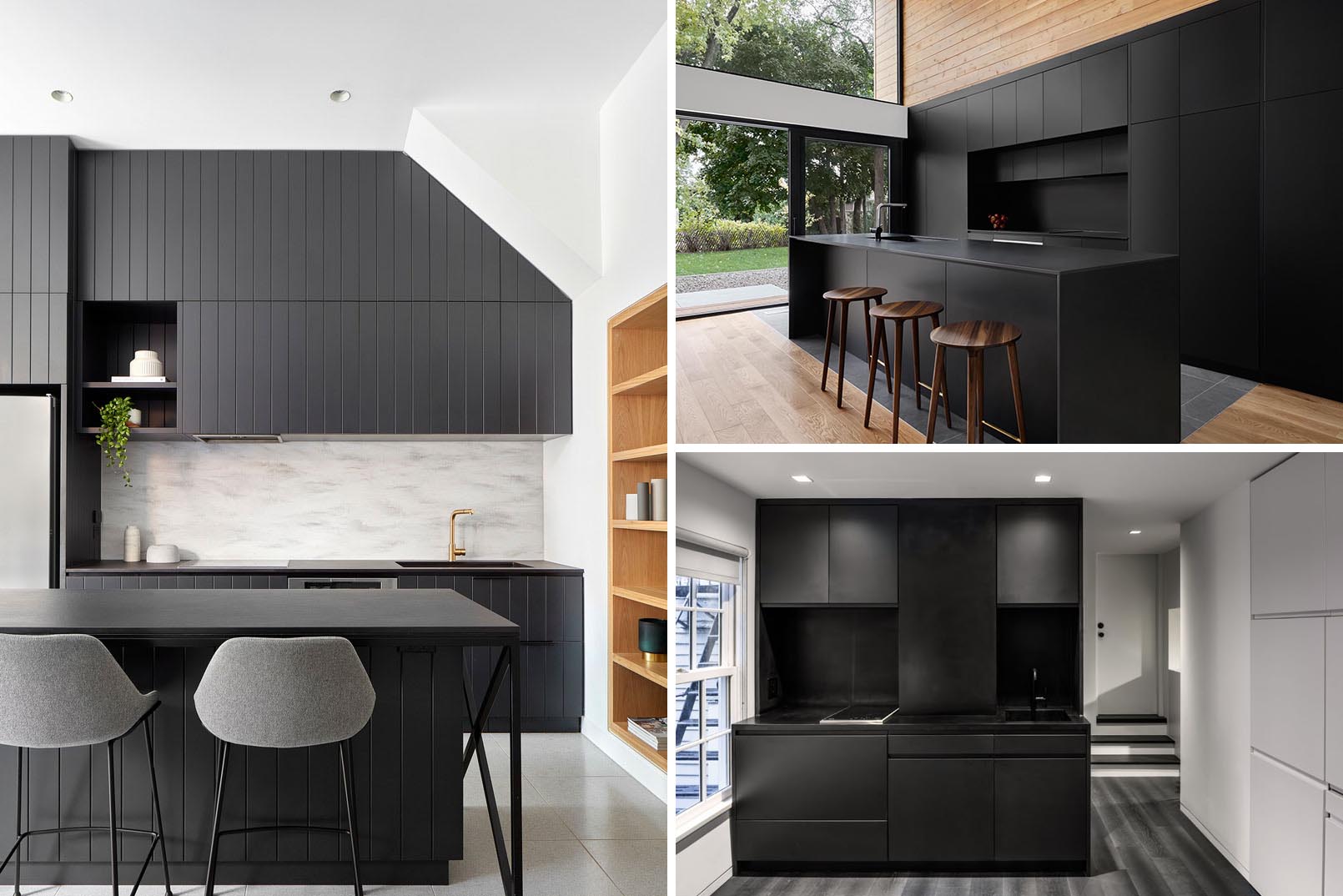 A collection of modern black kitchens.