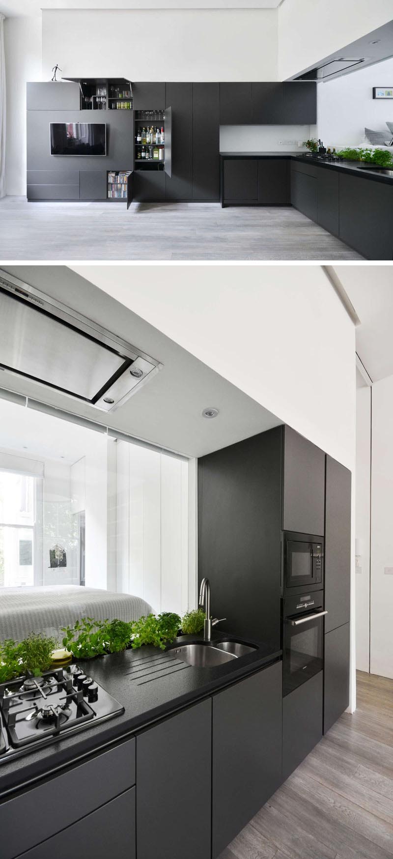 Daniele Petteno Architecture Workshop designed a matte black kitchen in a London apartment.