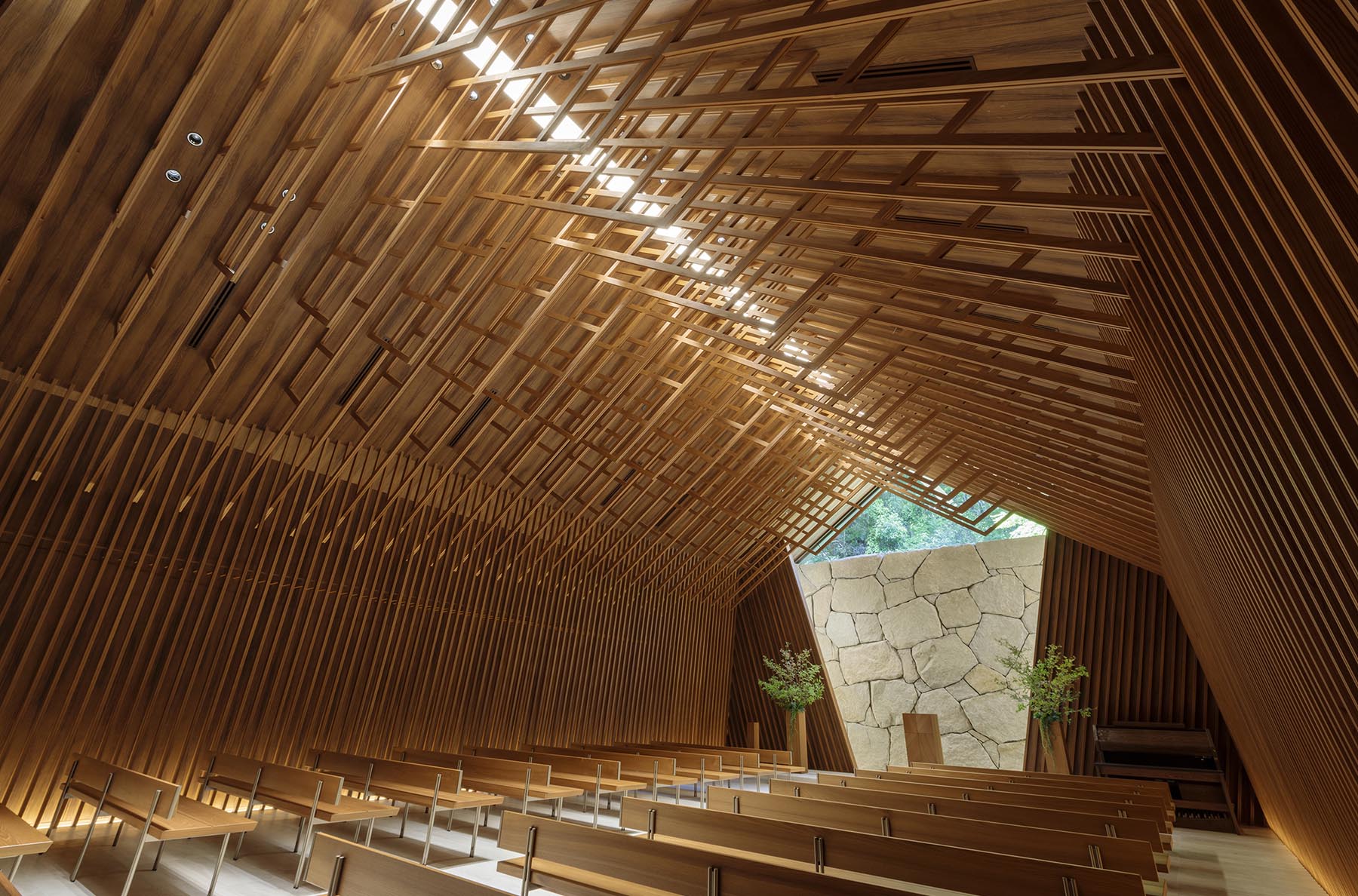 A modern chapel with eye-catching wood detailing.