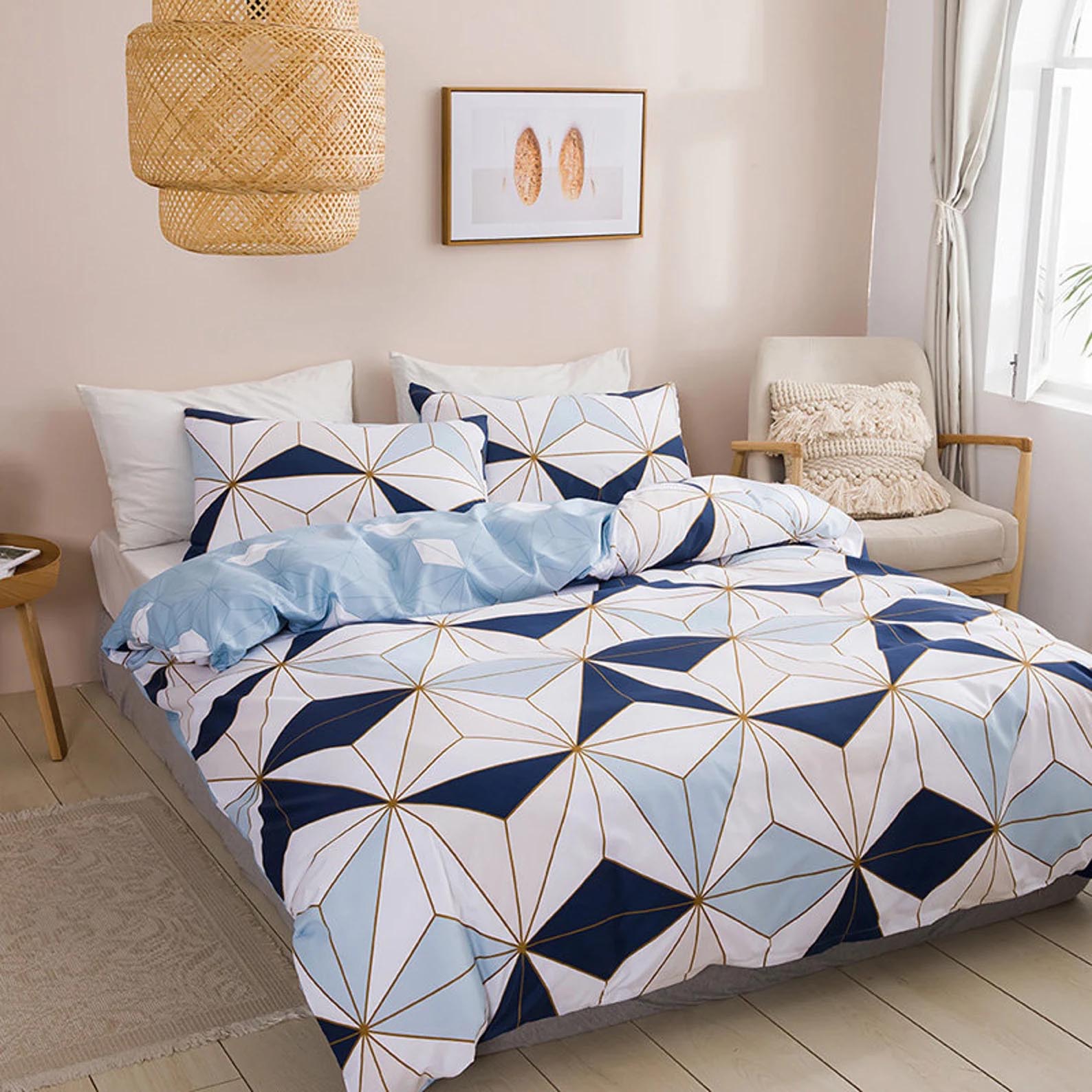 Modern Bedroom Decor - Geometric bedding with pastel colors.