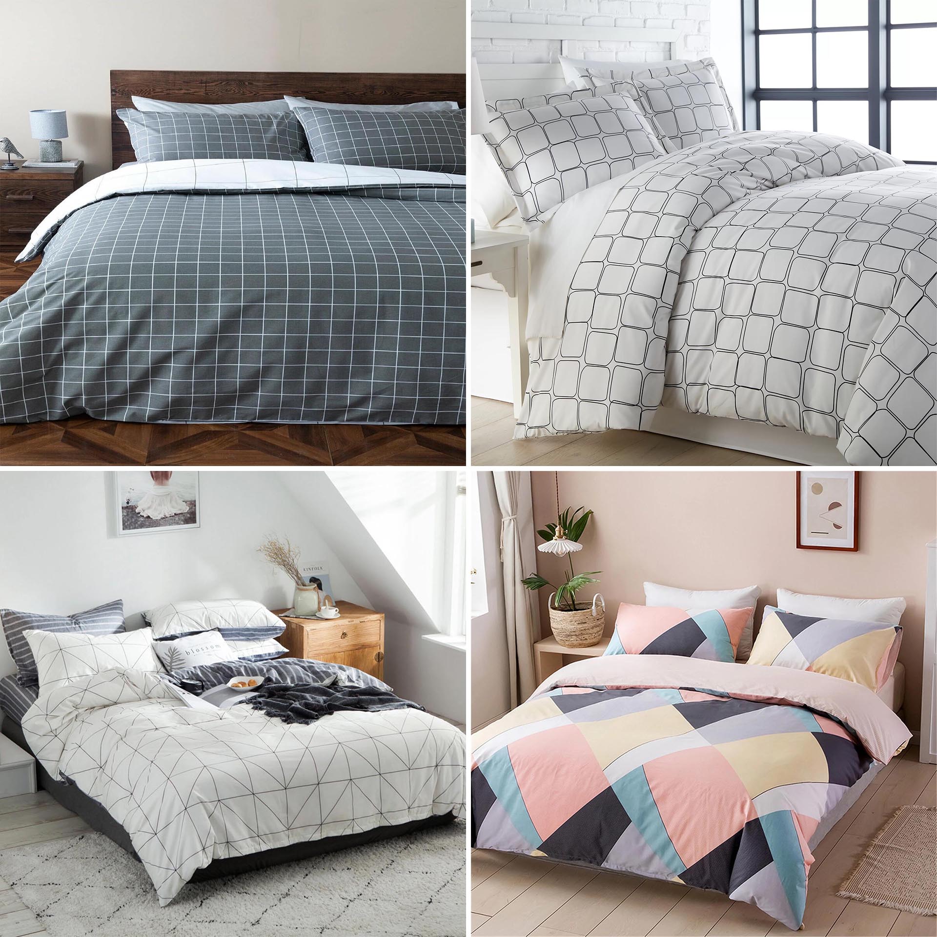 Modern geometric bedding is a great way to add interest and color to the any bedroom, without it being overpowering.