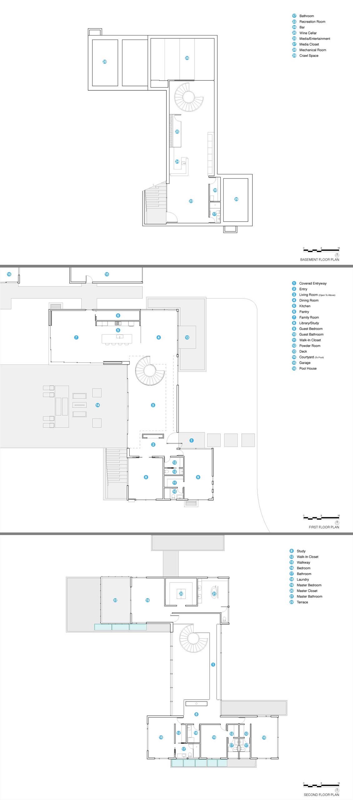 The floor plan of a modern three story house.