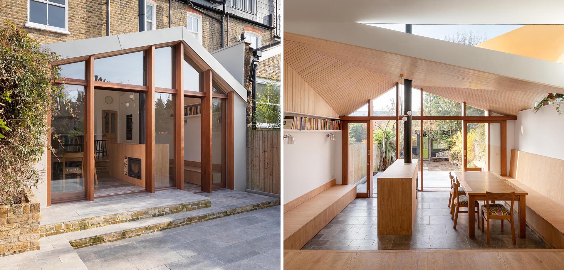 The interior of this new home addition includes an angled ceiling lined with light wood, which creates glimpses of the sky in different directions.