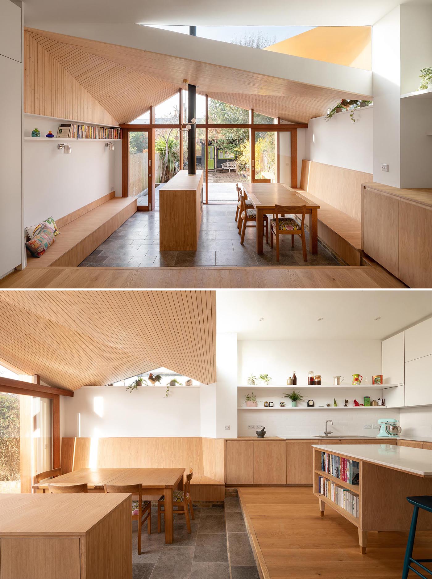 The interior of this new home addition includes an angled ceiling lined with light wood, which creates glimpses of the sky in different directions.