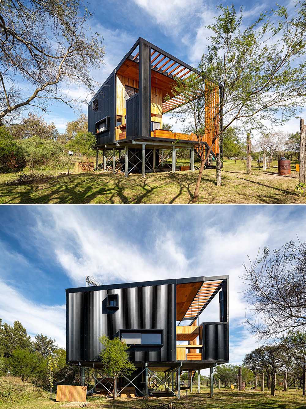 A small and modern house with a built-in skateboard ramp, wood exterior cladding, and black metal.