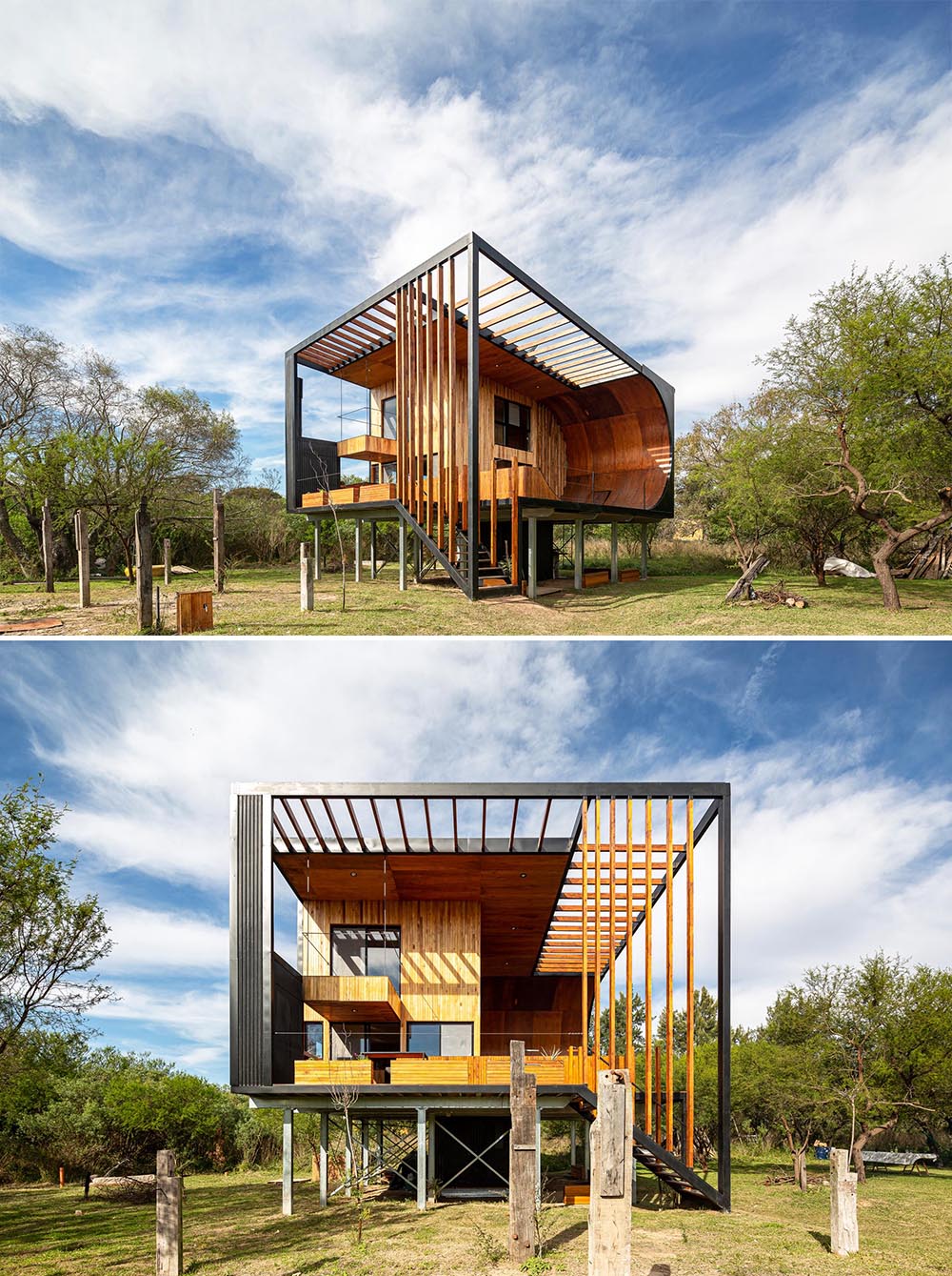 A small and modern house with a built-in skateboard ramp, wood exterior cladding, and black metal.