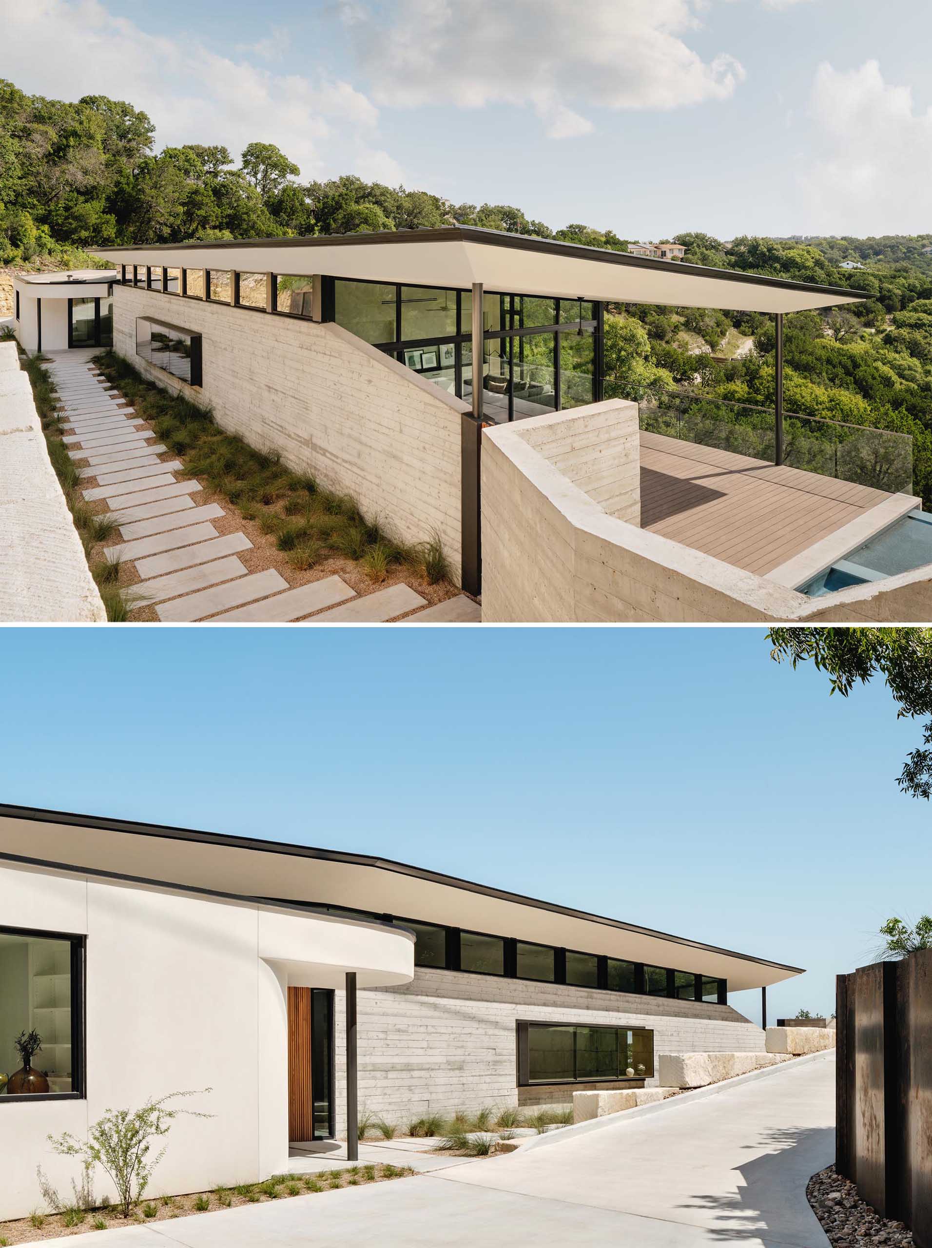 The boomerang shape of this modern home accentuates the natural curvature of the land, while high walls lined with clerestory windows create a buffer between the busy adjacent road while also balancing light throughout the day.