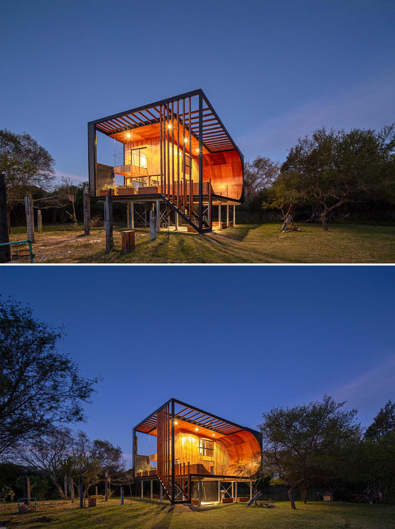 A small and modern house with a built-in skateboard ramp, wood exterior cladding, and black metal.