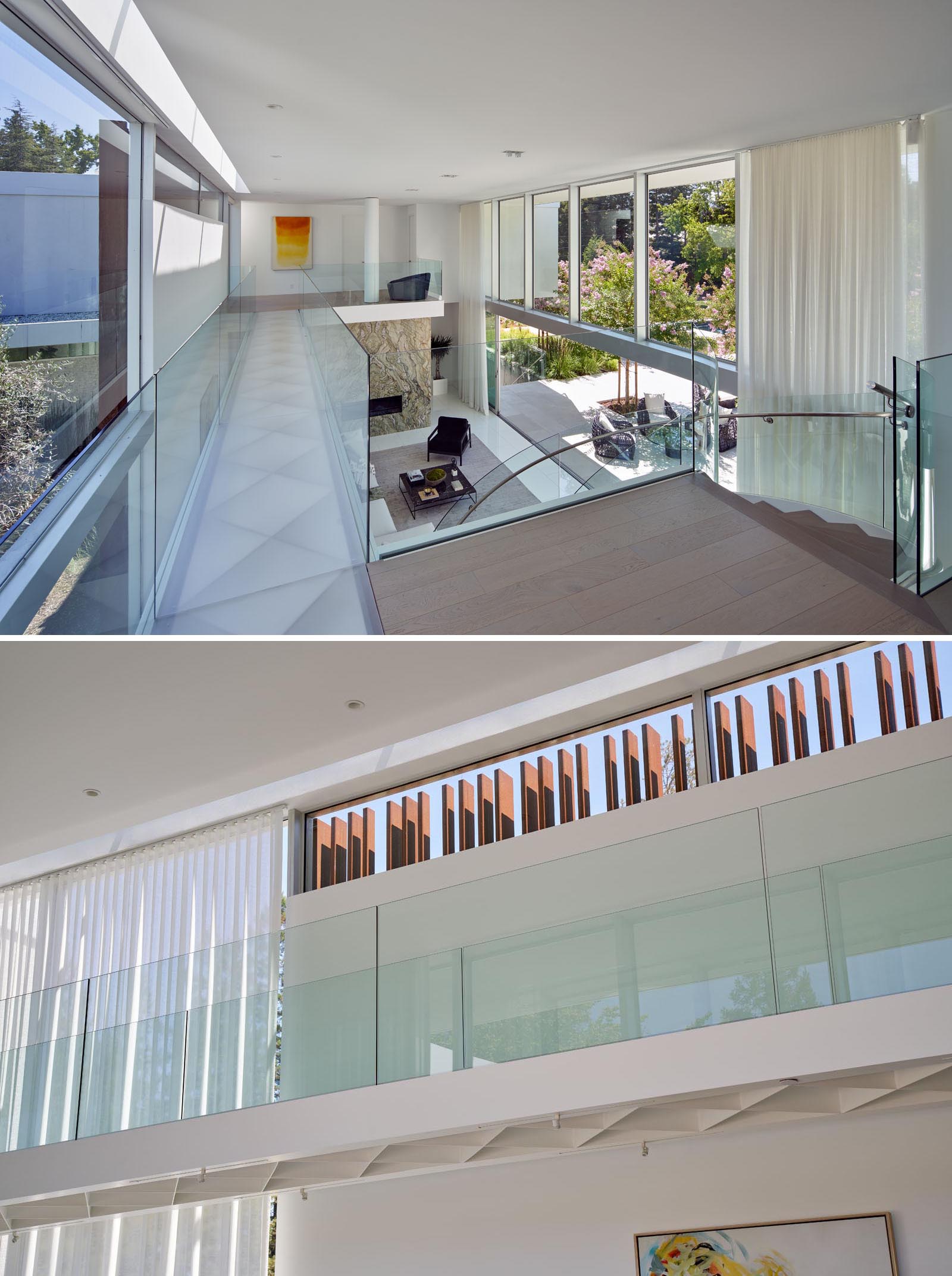 An acrylic and steel bridge begins near one end of the stair landing and travels 40 feet to the children’s bedroom wing.