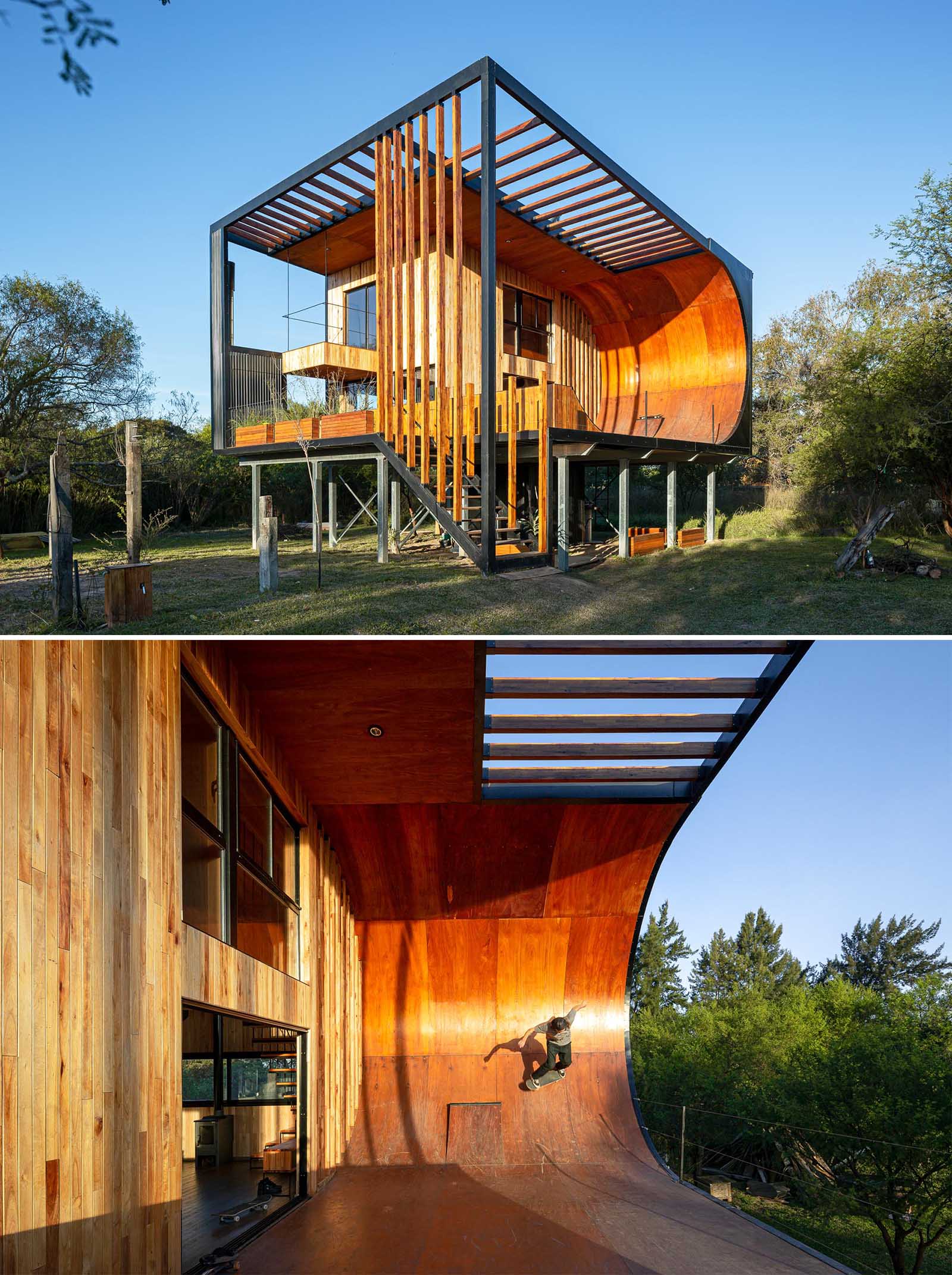 A small and modern house with a built-in skateboard ramp.