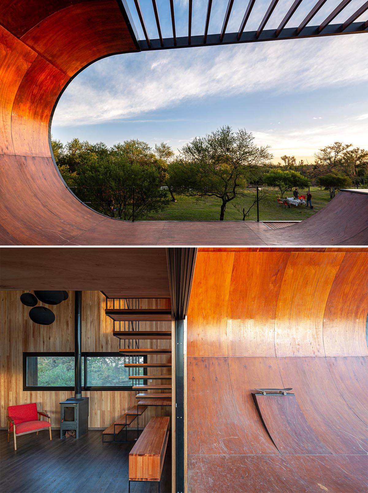 A small and modern house with a built-in skateboard ramp.