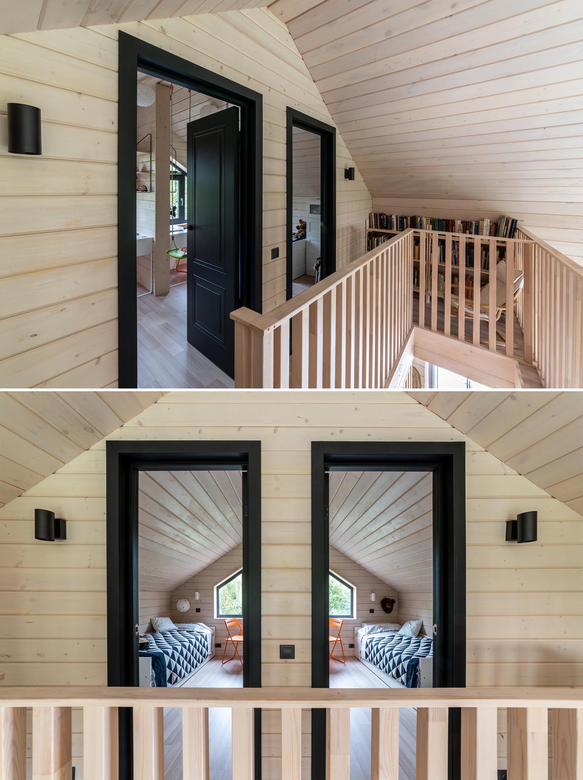 A modern barn-inspired home with tongue and groove wood siding and black accents.