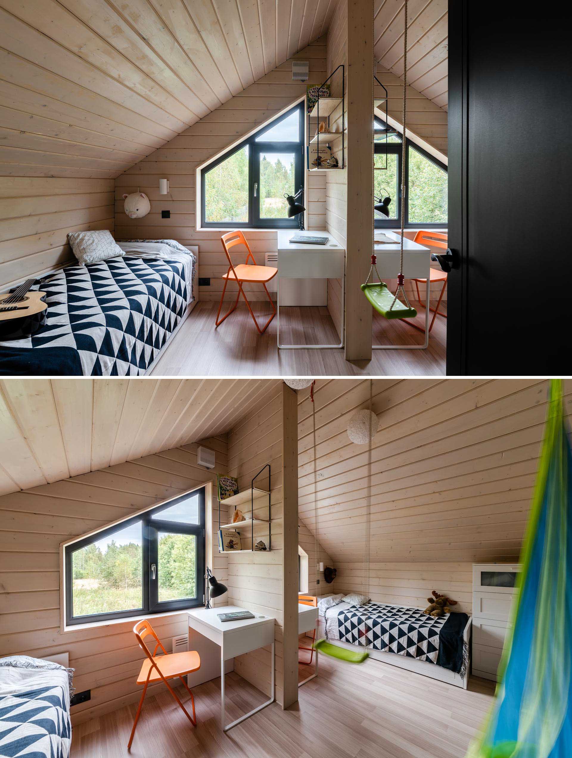 These kid's bedrooms are mirror images of each other, however the wall between the two rooms is only partial, allowing the children to play together, yet still have their own space.