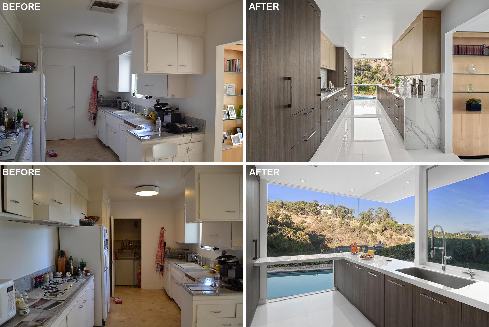 This modern kitchen remodel included removing the far wall, which was once the laundry room, and adding floor-to-ceiling windows that provide natural light and views of the landscape and pool.