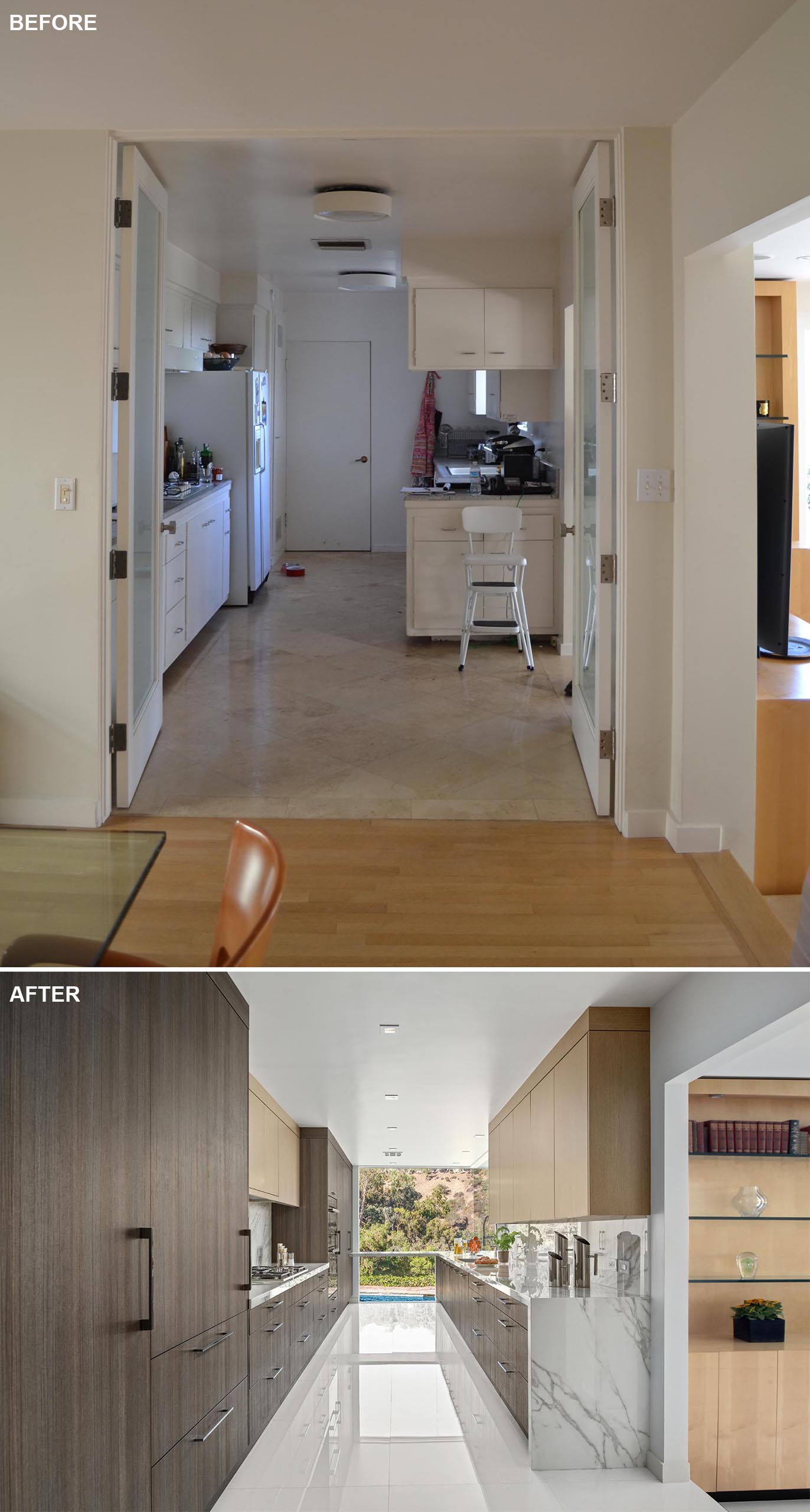 This modern kitchen remodel included removing the far wall, which was once the laundry room, and adding floor-to-ceiling windows that provide natural light and views of the landscape and pool.