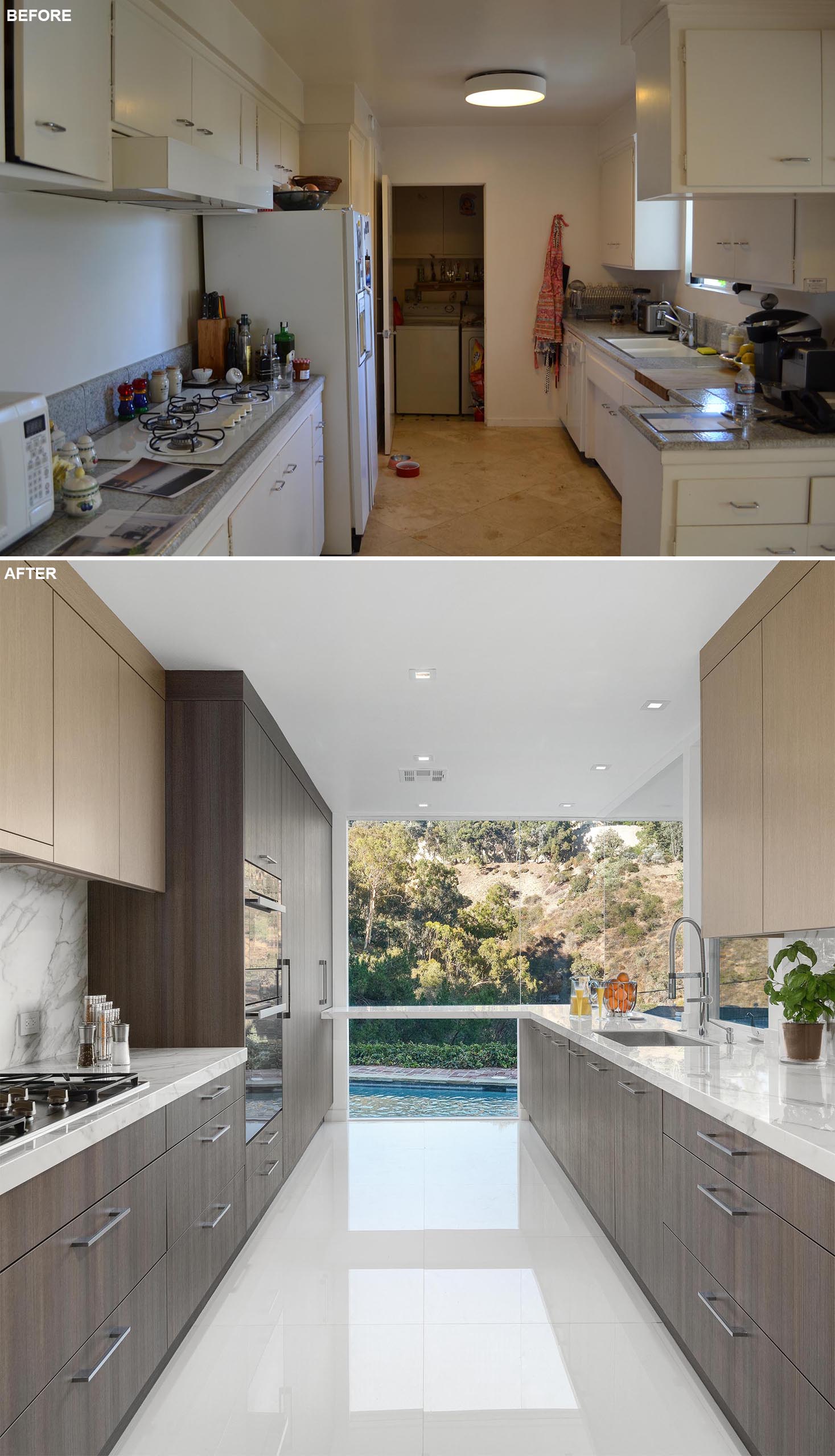 This modern kitchen remodel included removing the far wall, which was once the laundry room, and adding floor-to-ceiling windows that provide natural light and views of the landscape and pool.