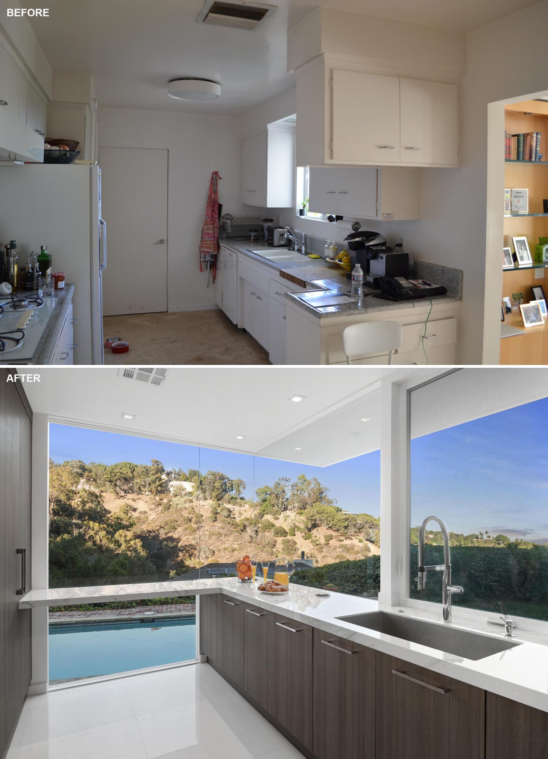 This modern kitchen remodel features custom cabinets with wood fronts, and an undermount stainless steel sink. The far wall has a bar-height countertop that doubles as an entertaining space for company, as well as a folding station for a concealed a compact laundry area.