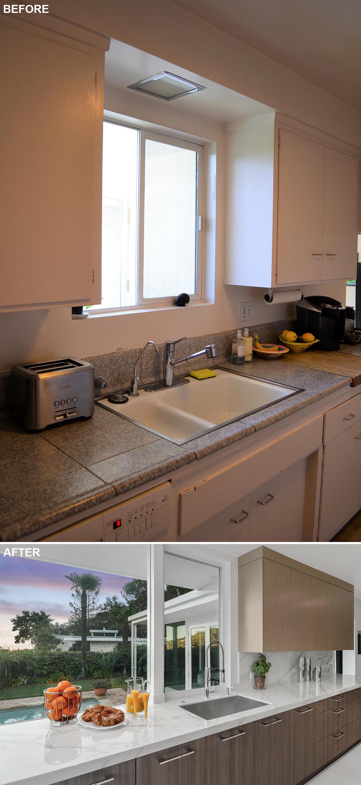 This modern kitchen remodel features custom cabinets with wood fronts, and an undermount stainless steel sink.