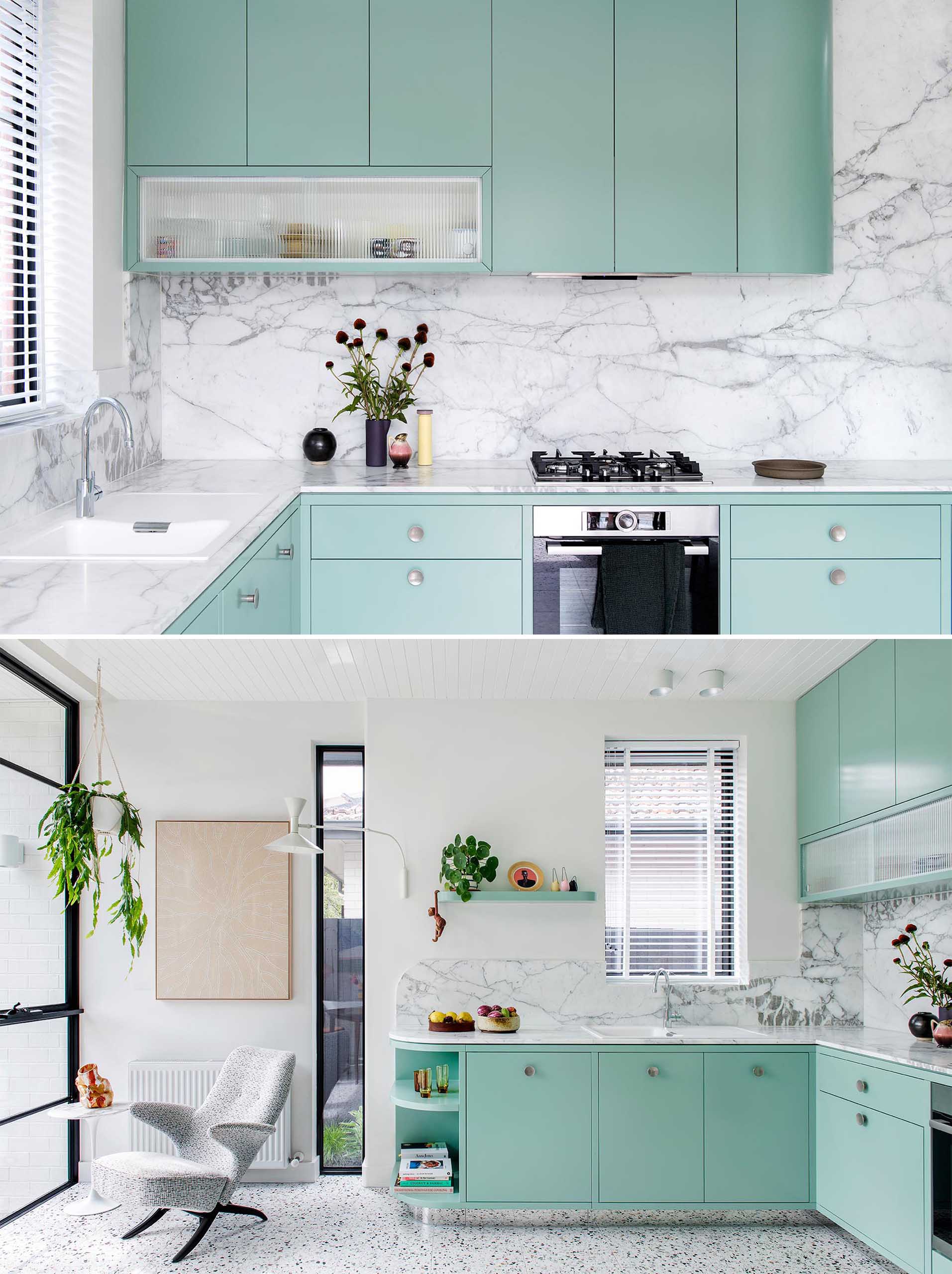 A modern mint green kitchen with Calacatta Statuario countertops, Terrazzo flooring, and white walls and ceiling.