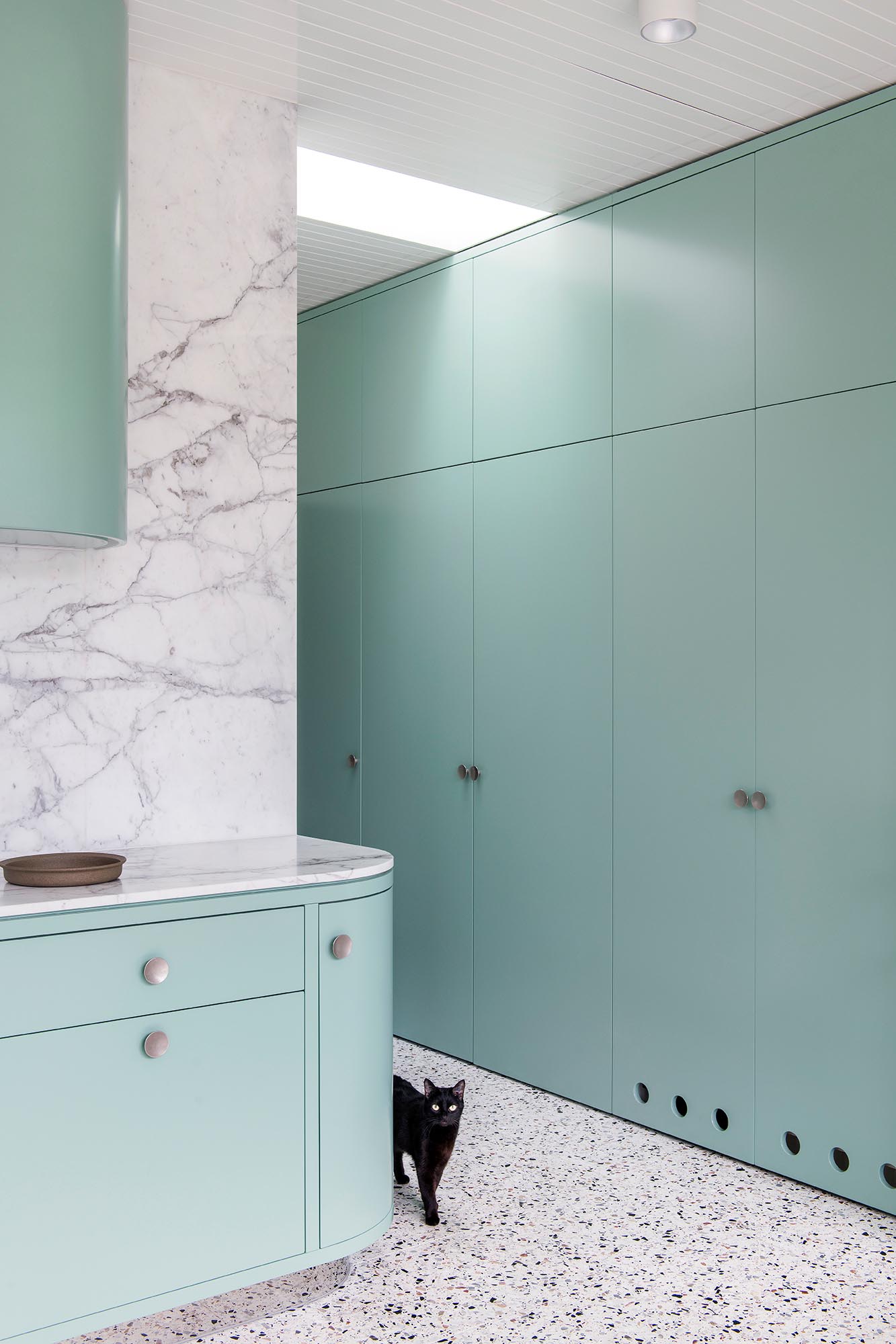 Modern mint green floor-to-ceiling cabinets.