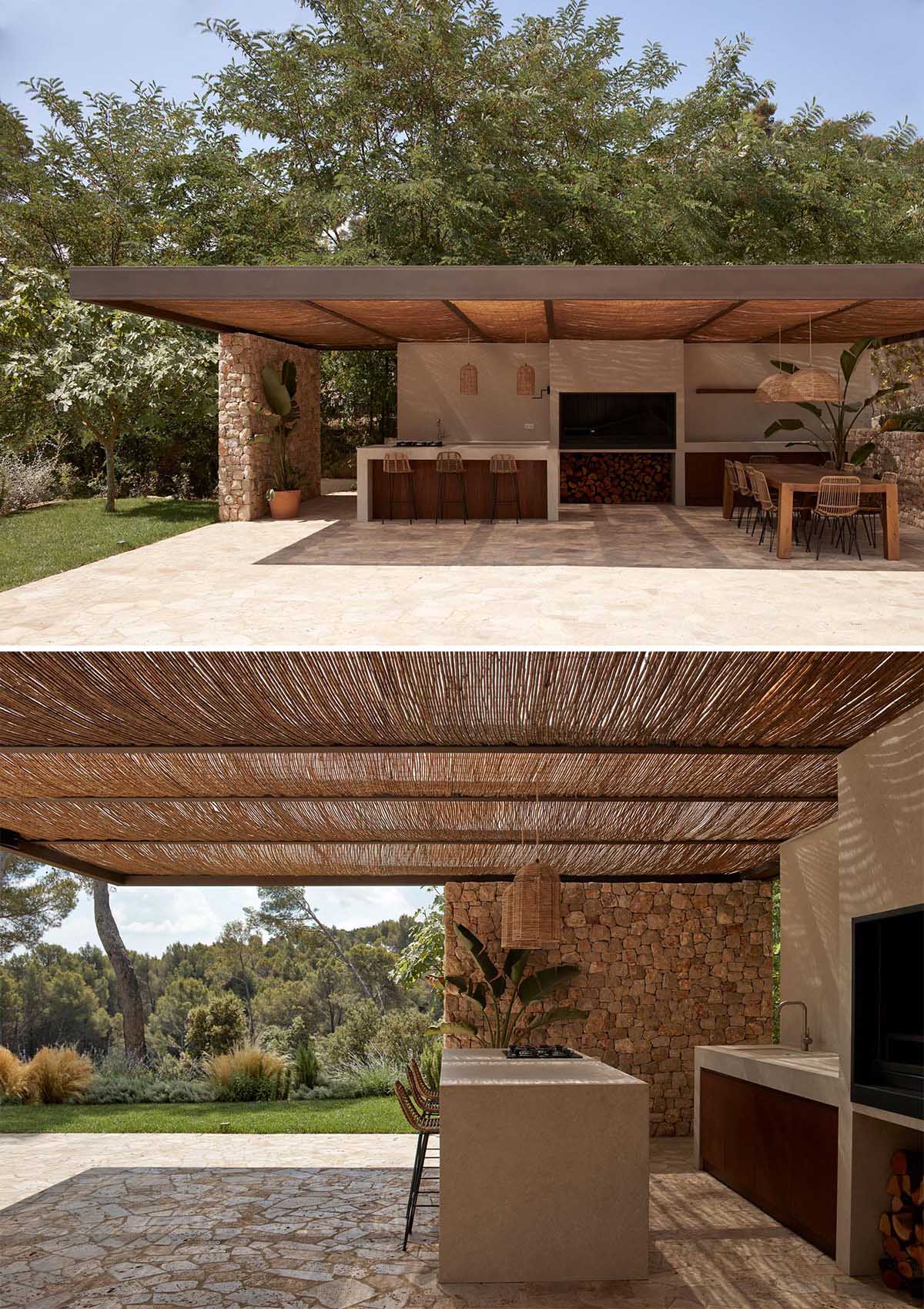 A modern shaded outdoor space with kitchen / bbq and a dining area.