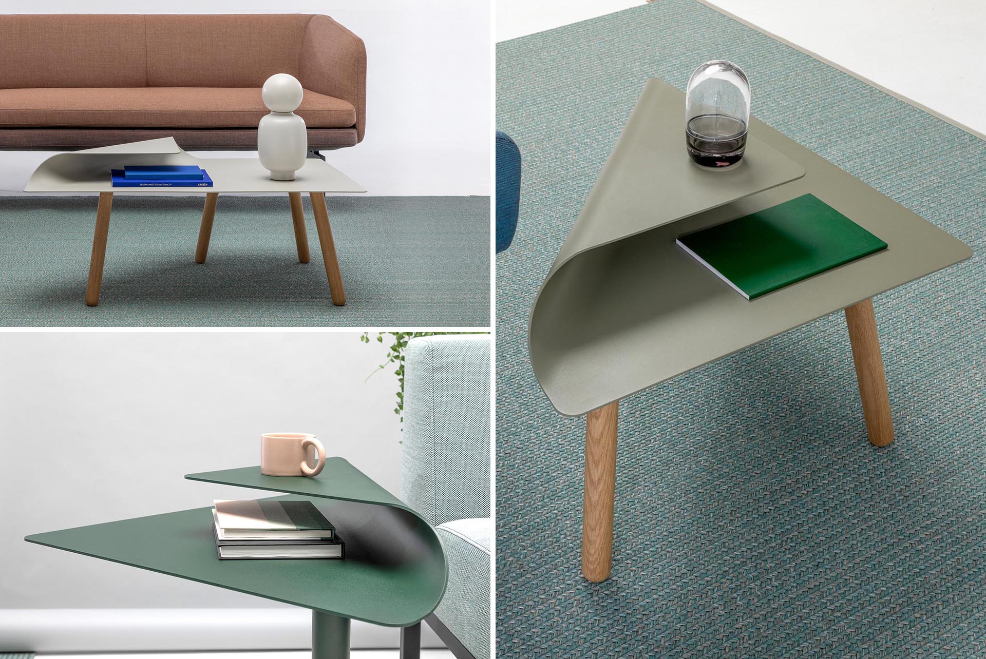 A modern side table (or coffee table) with solid oak legs and a folded steel top that creates a second level.
