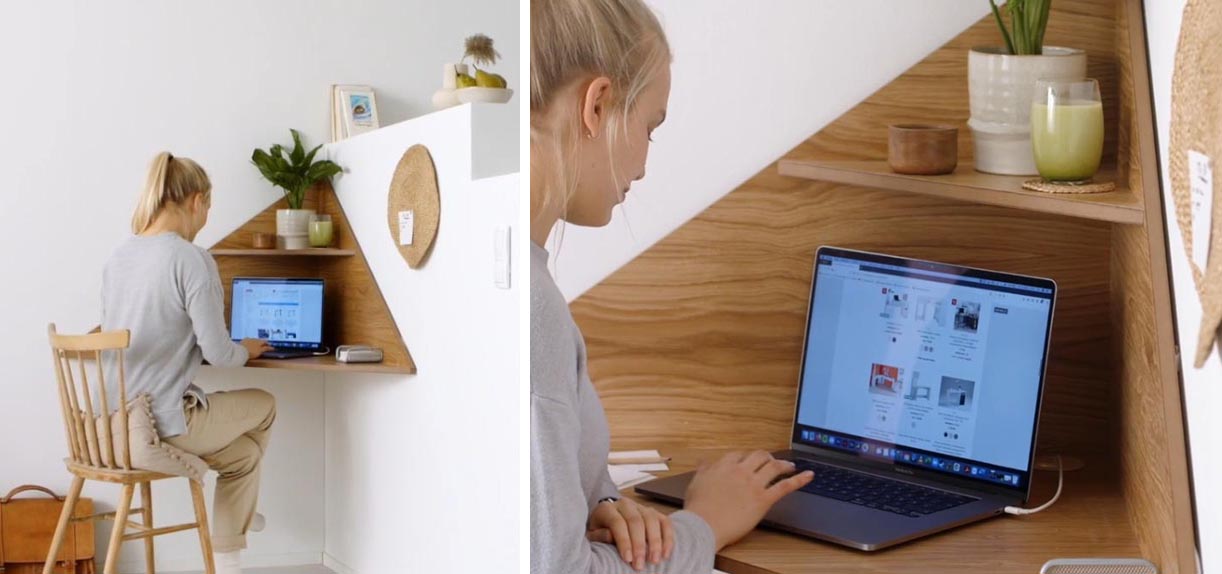 A modern and small corner wall-mounted desk with an upper shelf.