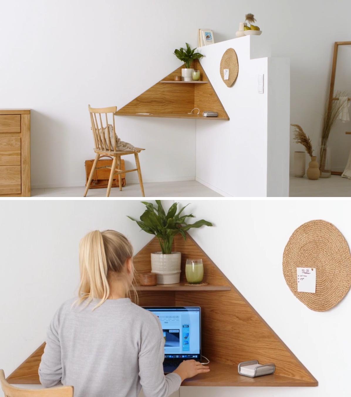 A modern and small corner wall-mounted desk with an upper shelf.
