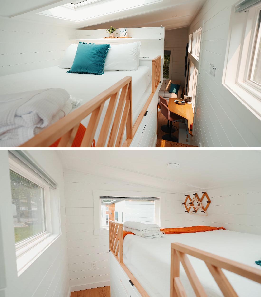 The loft bedroom of this Scandinavian-inspired tiny home includes a solar-powered skylight over the bed, letting you fall asleep looking at the stars.