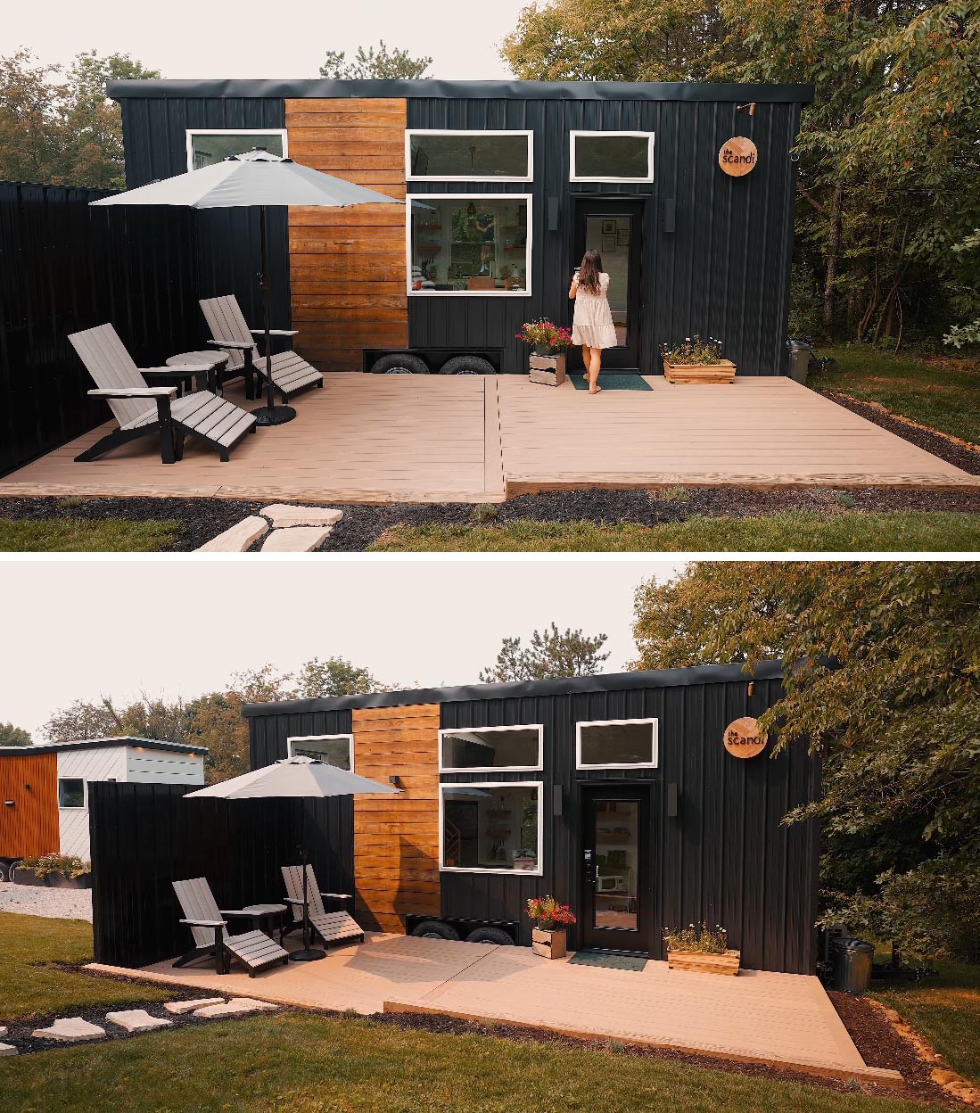 The exterior of this Scandinavian-inspired tiny home includes a black metal and wood exterior, and a deck with a privacy wall.