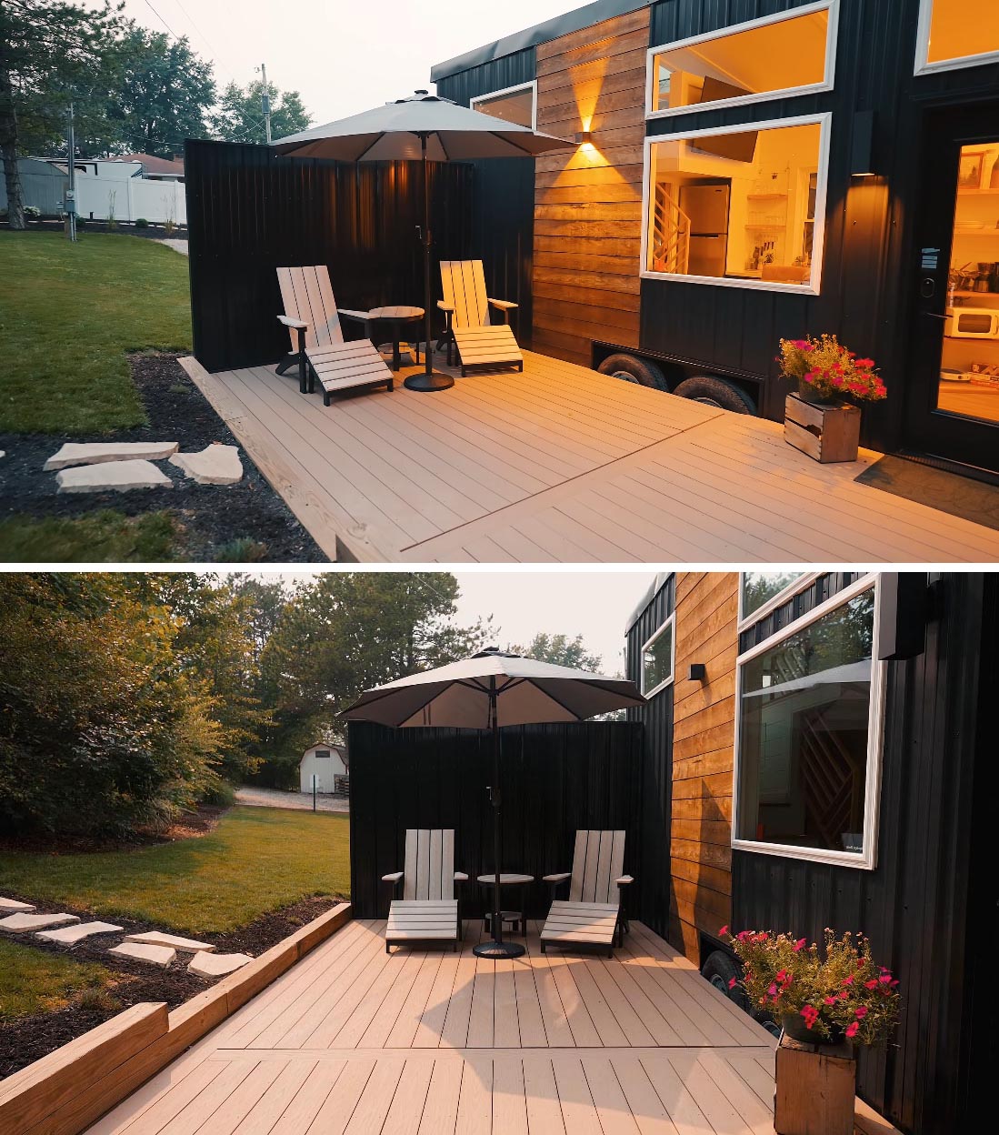 The exterior of this Scandinavian-inspired tiny home includes a black metal and wood exterior, and a deck with a privacy wall.