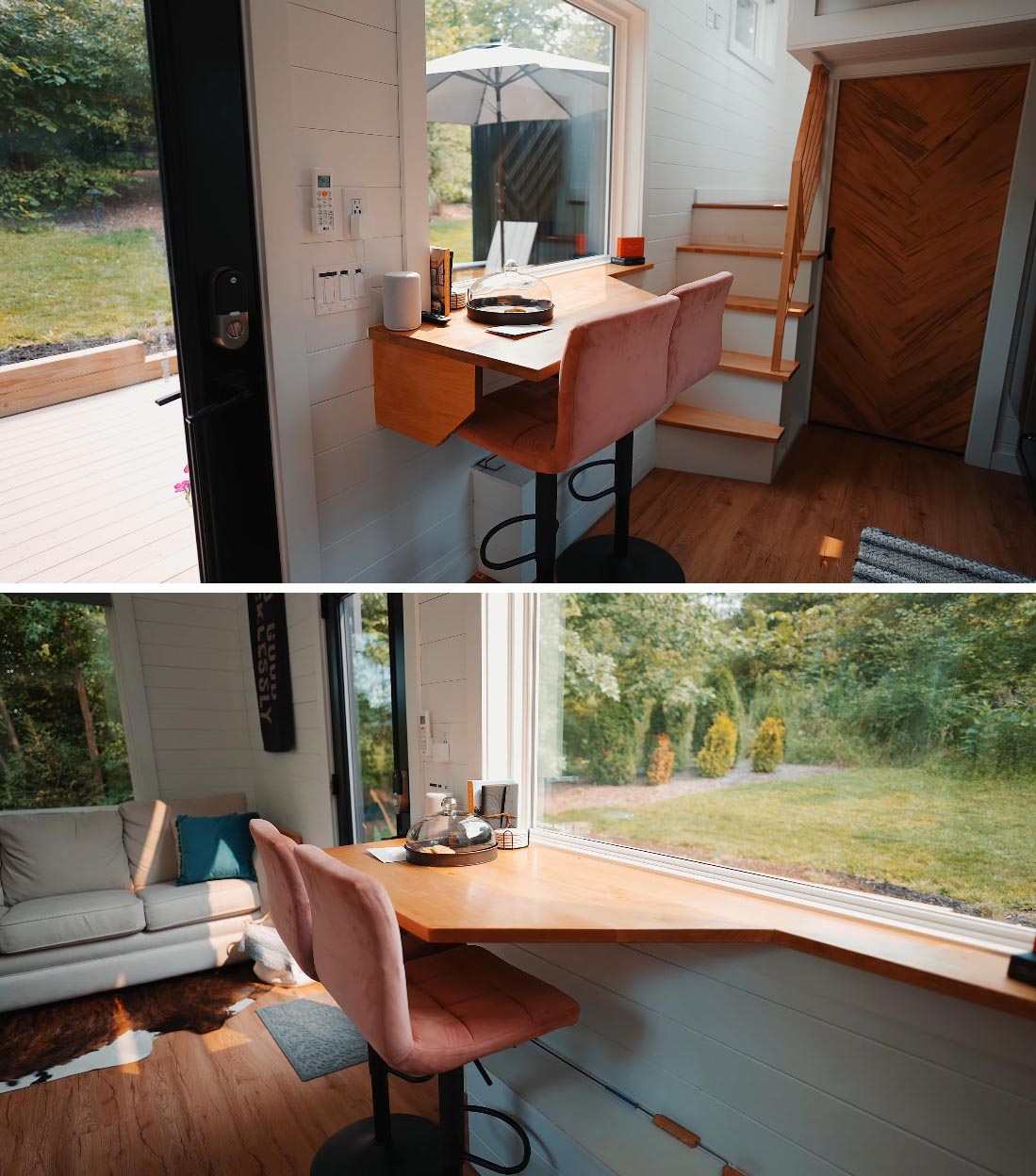 The dining area of this Scandinavian-inspired tiny home also doubles as a desk.