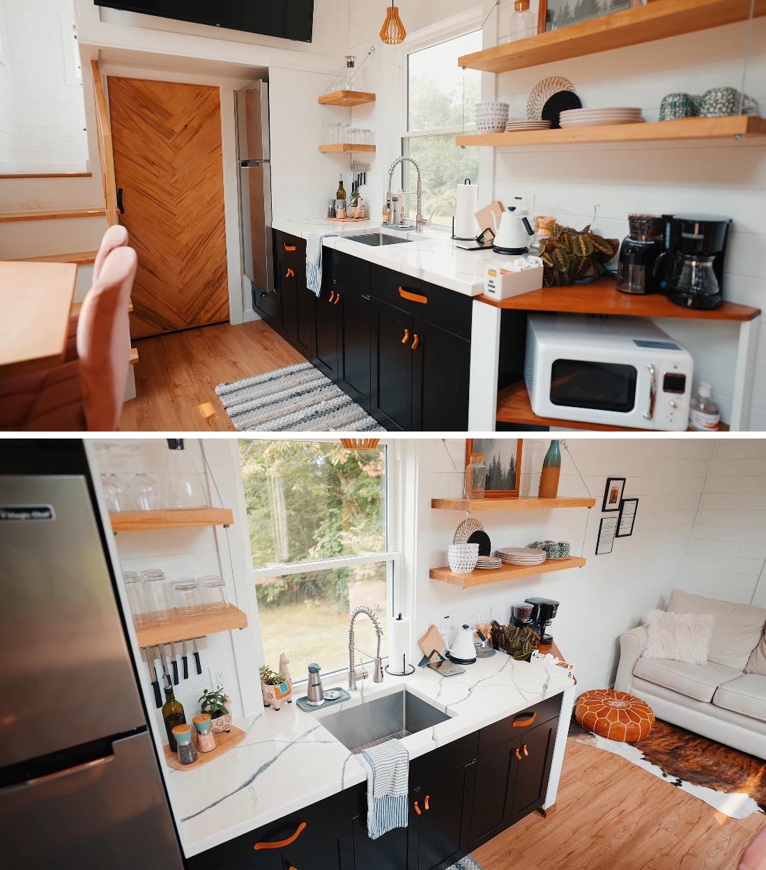 The kitchen of this Scandinavian-inspired tiny home includes black cabinets with leather pulls, a white countertop with undermount sink, and hanging wood shelves.