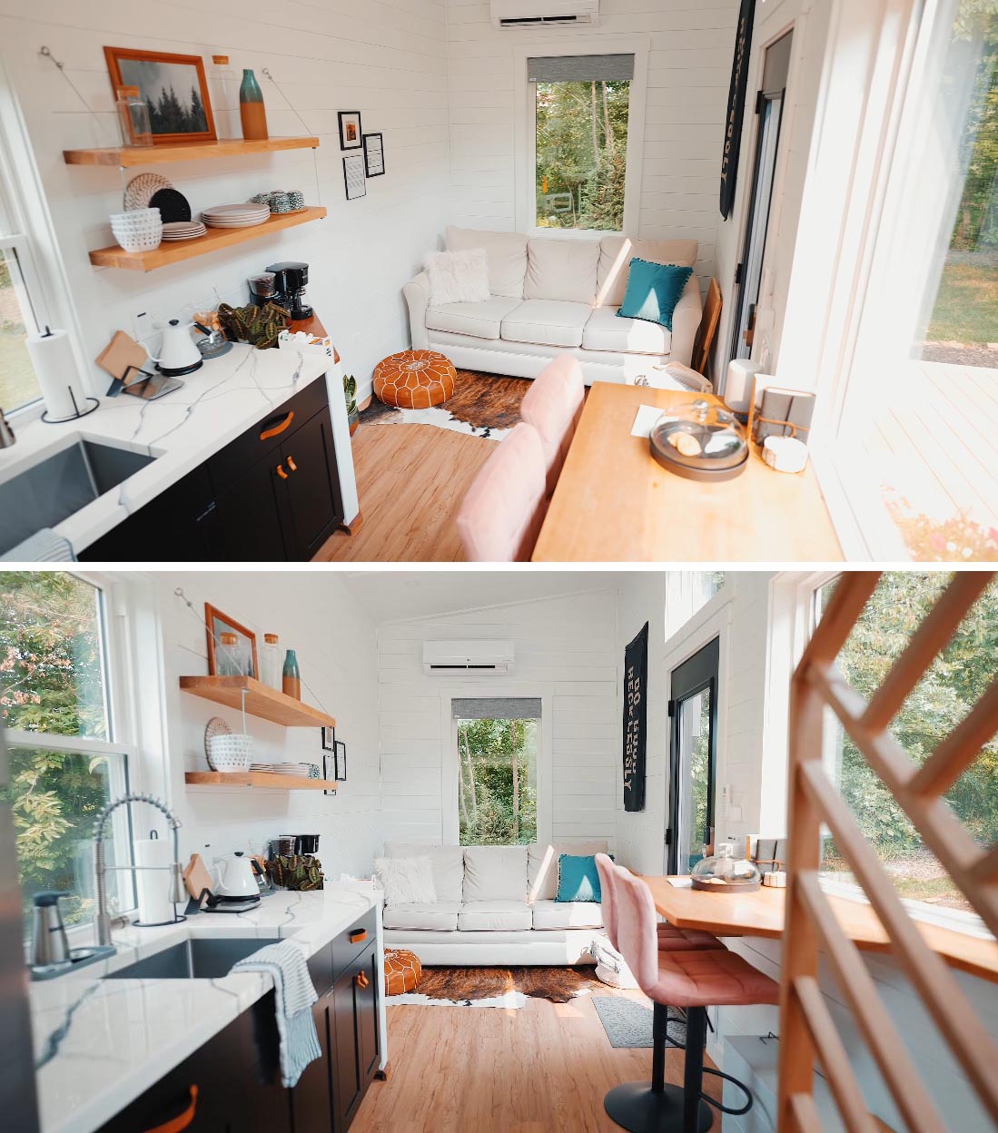 The interior of this Scandinavian-inspired tiny home has 12 foot tall ceilings make the space feel roomy and spacious, like in the living room that's been furnished with a light colored couch and a leather  ottoman.