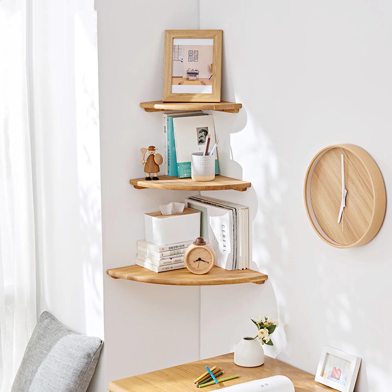 Corner Shelf Ideas - Floating wood corner shelves.