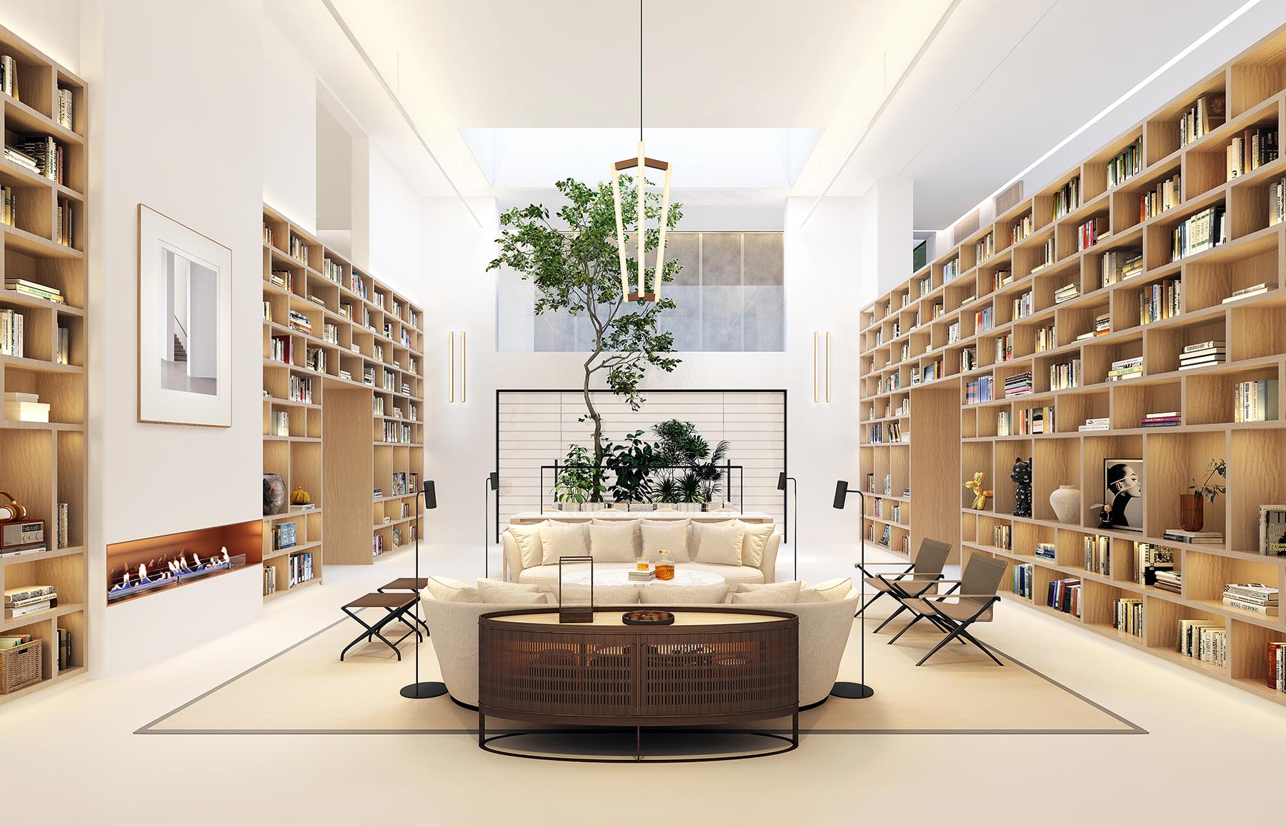 A large room with tall wood bookshelves.