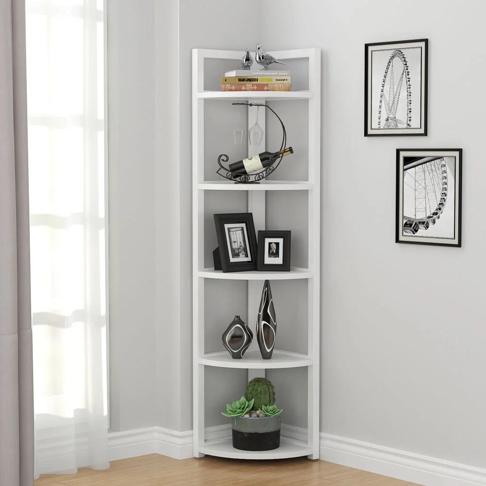 Corner Shelf Ideas - A freestanding white multi-tier corner shelf.