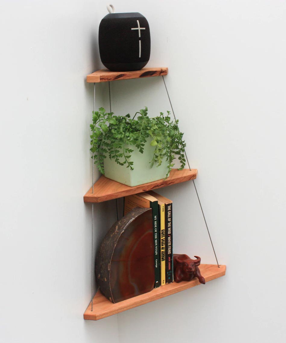 Corner Shelf Ideas - A hanging corner shelf with wood and wire.