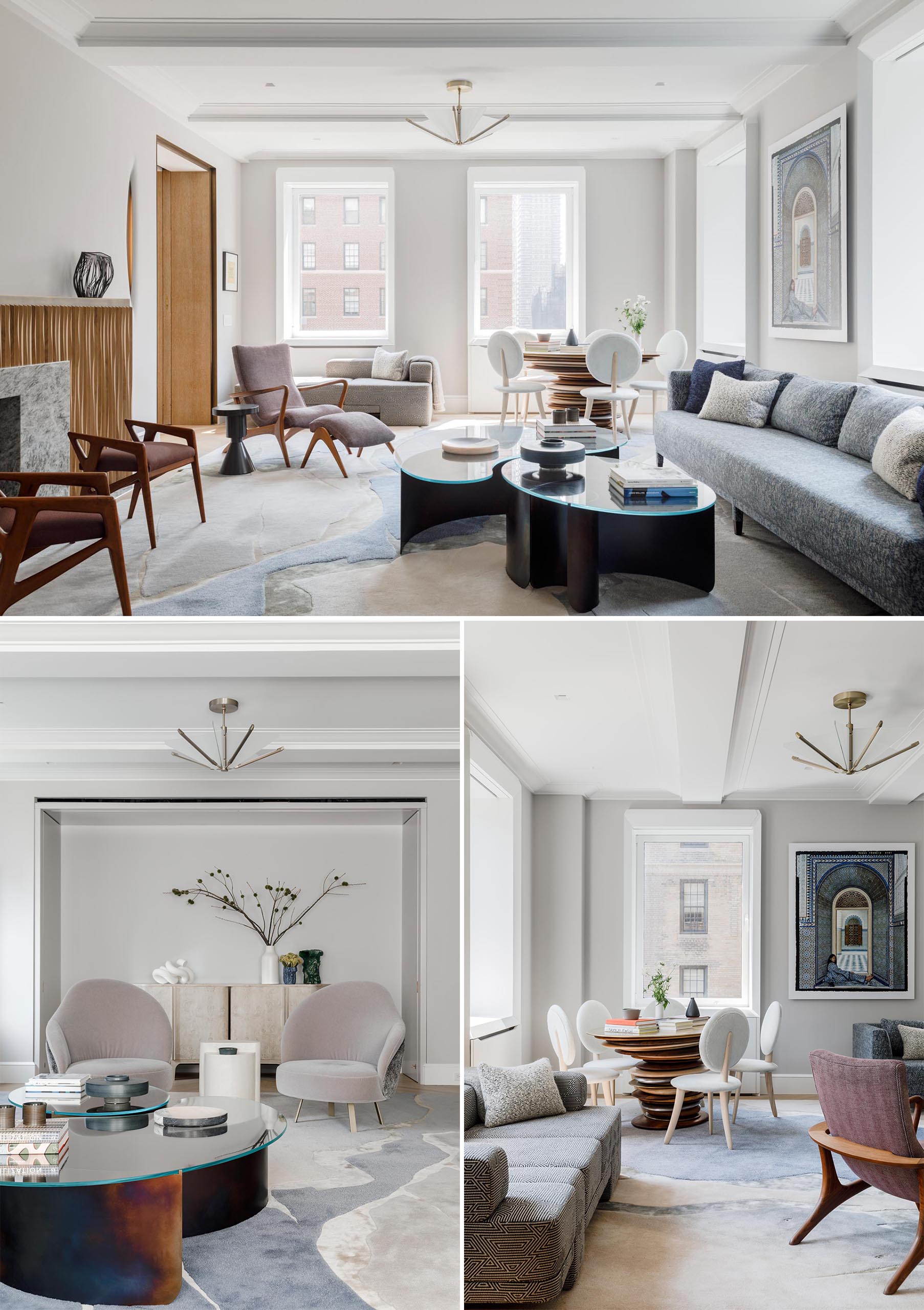 Inside this living room, there's custom faceted window casings with automated shades and radiators, as well as vintage and custom-designed furniture.