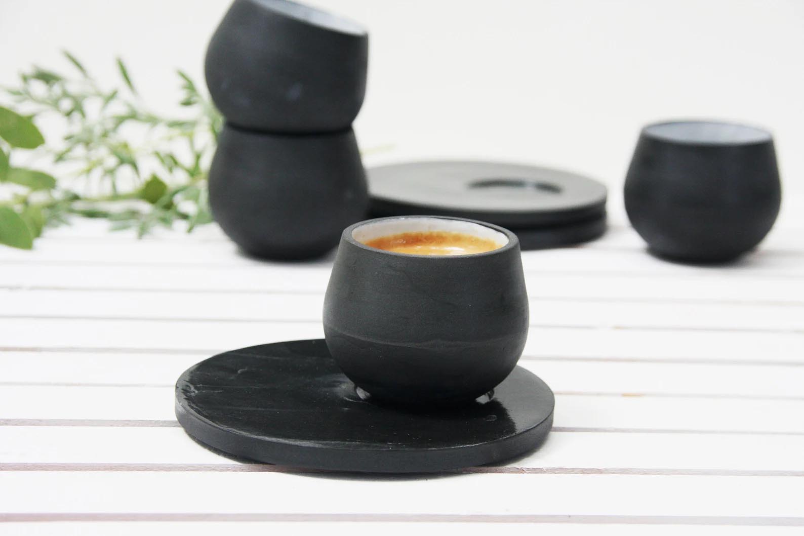 Modern Gift Ideas - Matte black ceramic espresso cup and saucer.