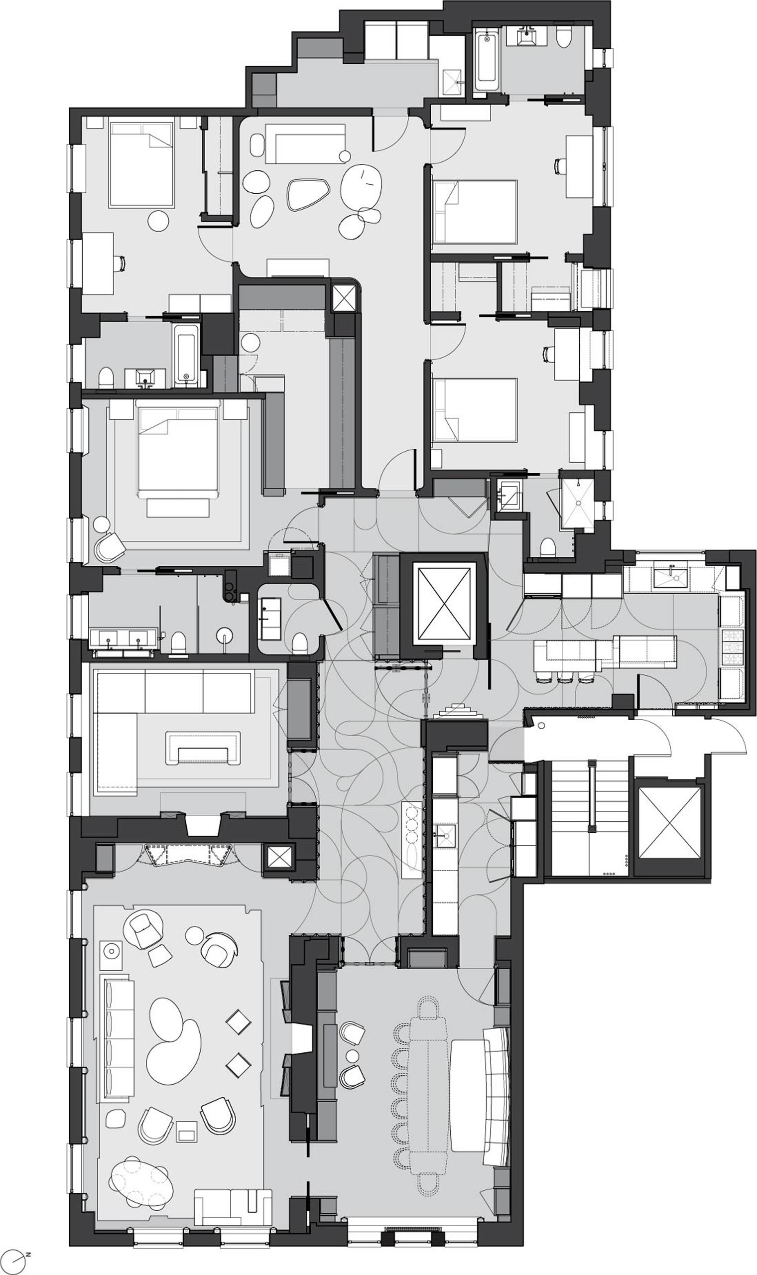 The floor plan and furniture layout of a large apartment.