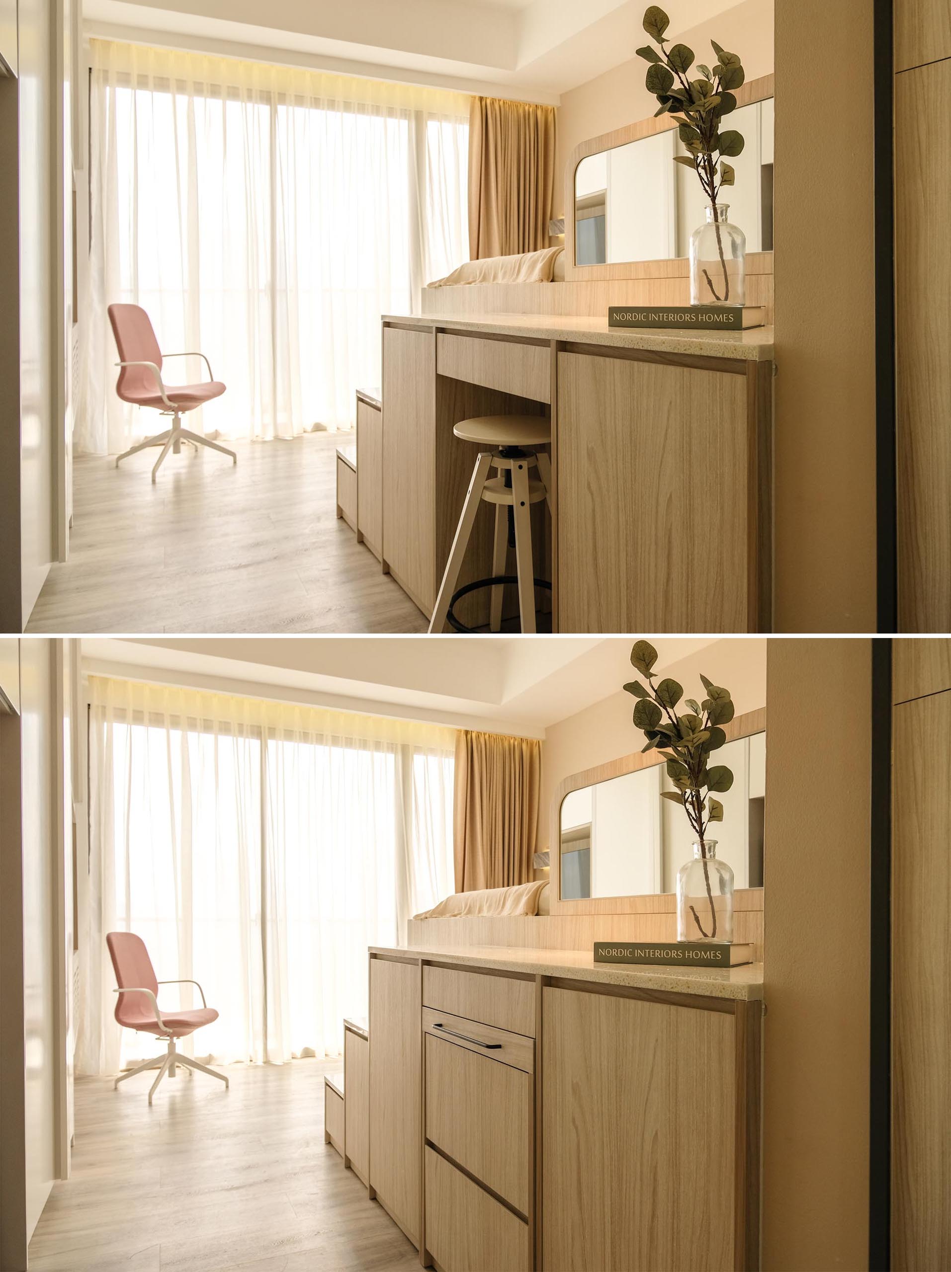 A small apartment with a loft bed includes a home office, storage, and hidden lighting.