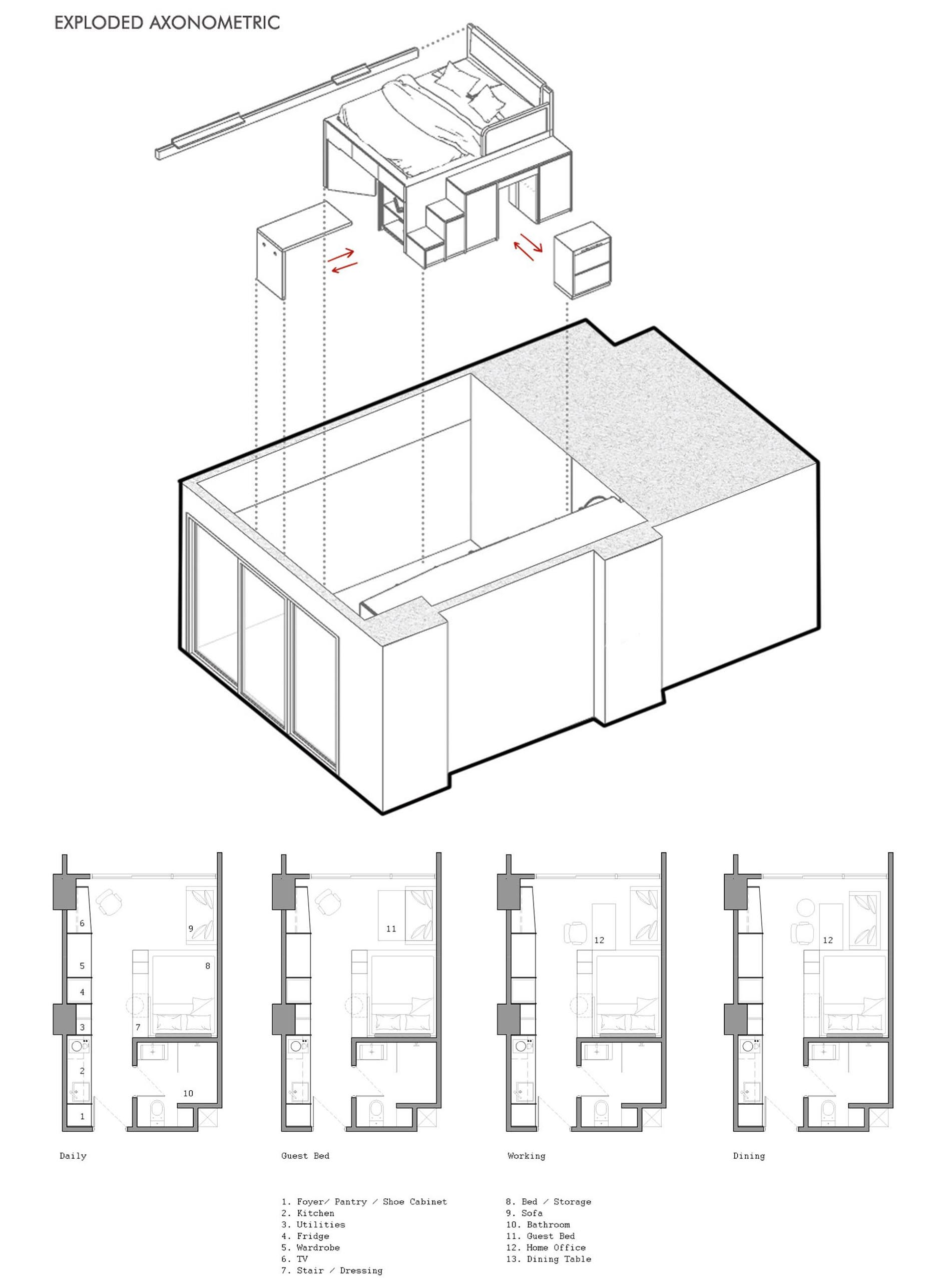 A small apartment with a loft bed includes a home office, storage, and hidden lighting.