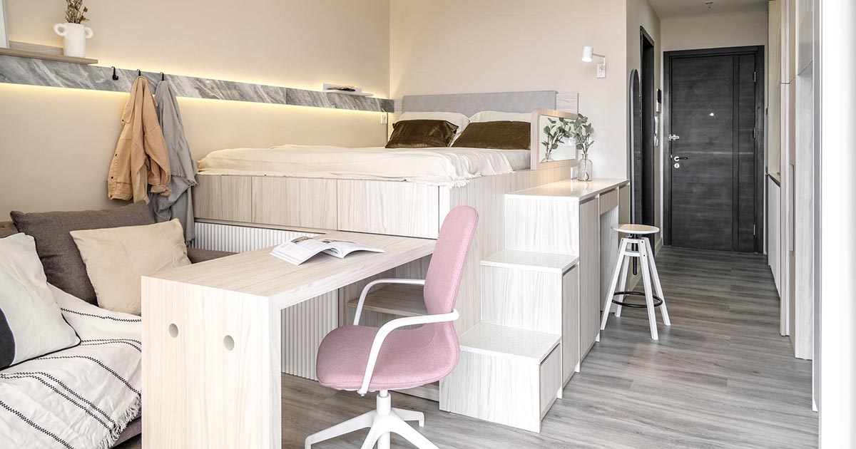 The Loft Bed In This Small Apartment Was Designed With Storage And A Home Office