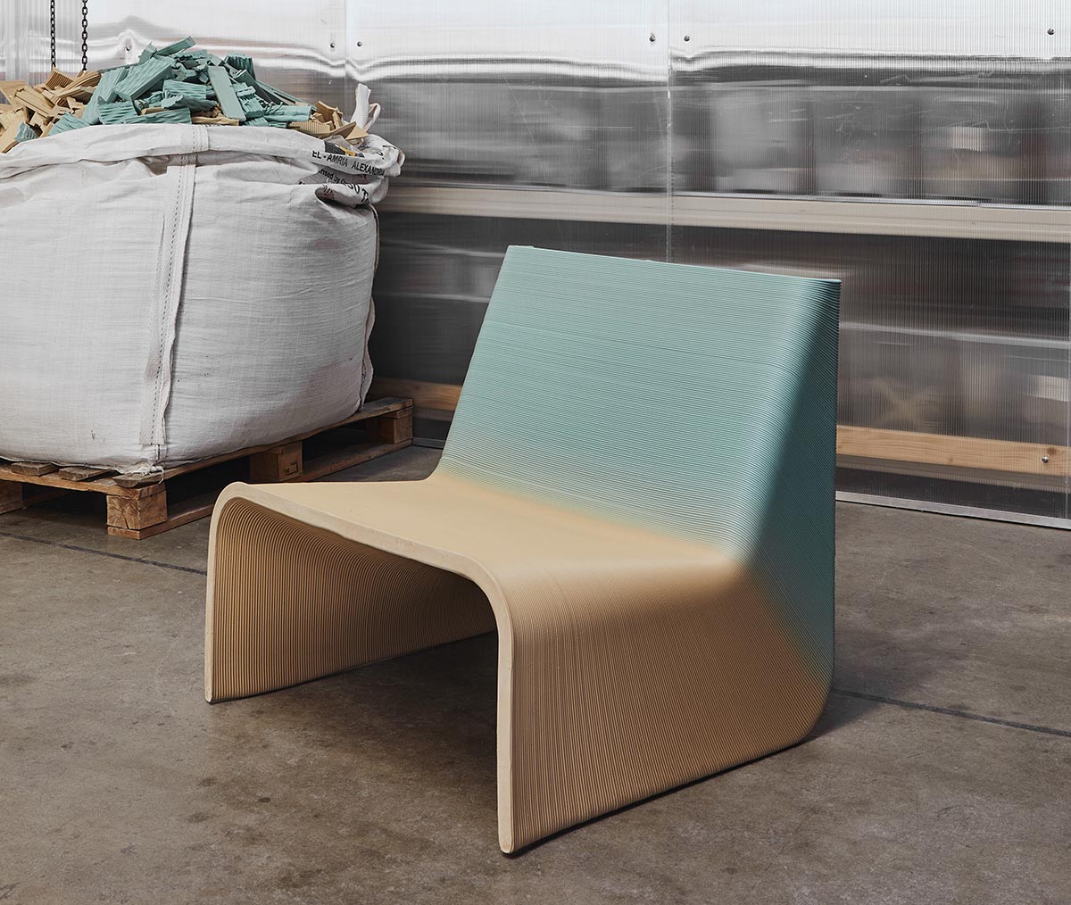 A modern 3D printed chair made from waste materials.